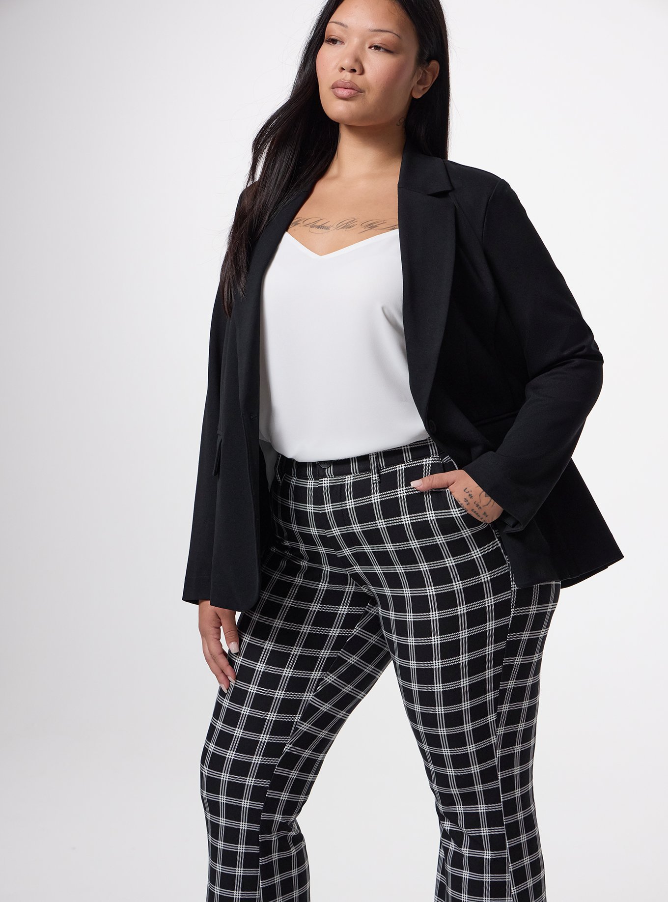 A-Line High-Rise Flare Ponte Pant, ISLA PLAID BLACK, alternate