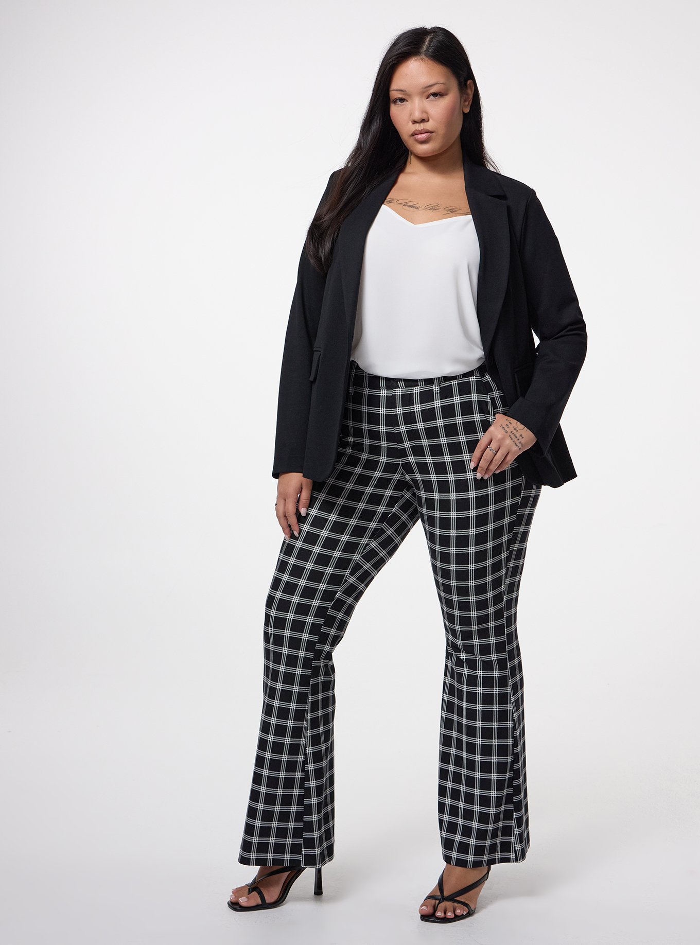 A-Line High-Rise Flare Ponte Pant, ISLA PLAID BLACK, alternate