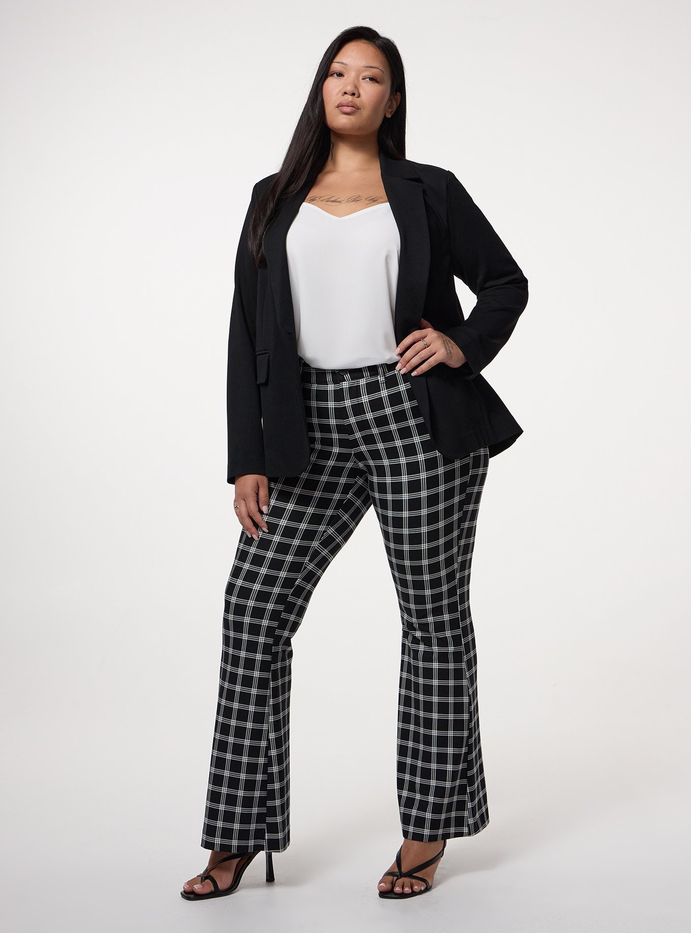 A-Line High-Rise Flare Ponte Pant, ISLA PLAID BLACK, hi-res