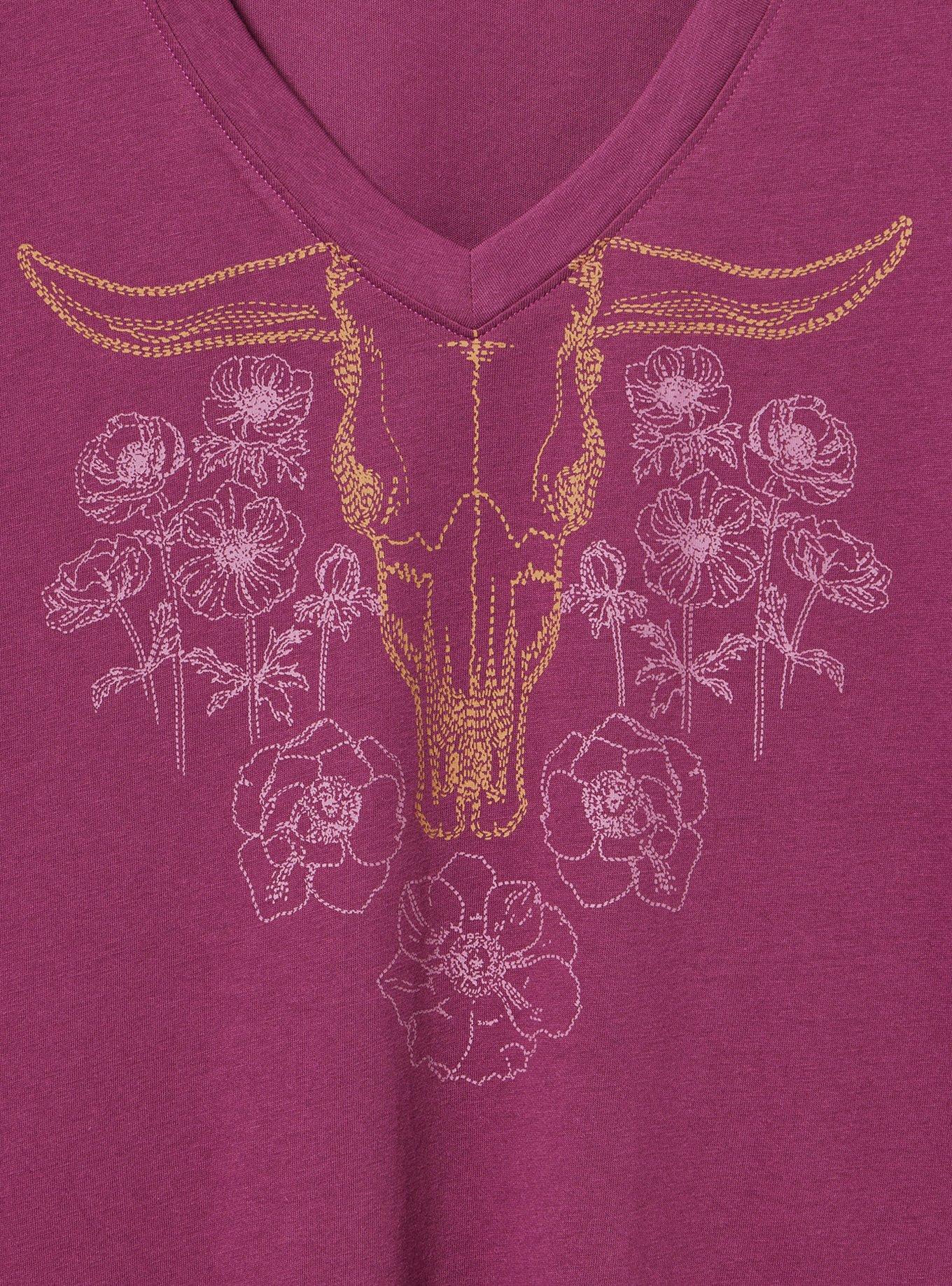 Classic Cotton V-Neck Tee, FLORAL ANIMAL SKULL AMARANTH, alternate