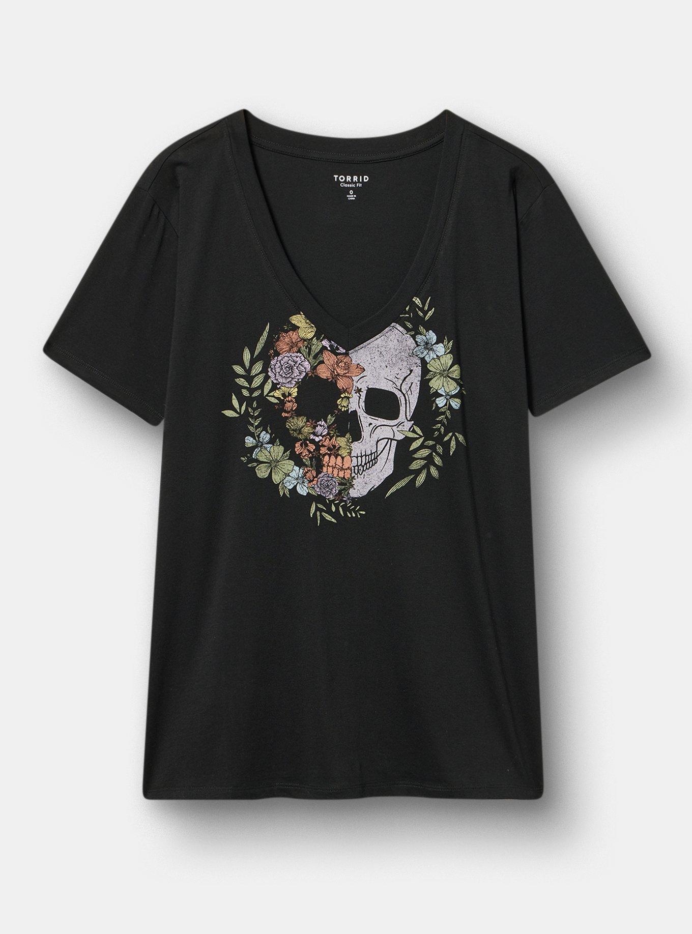 Classic Cotton V-Neck Tee, SKULL HALF FLORAL DEEP BLACK, hi-res