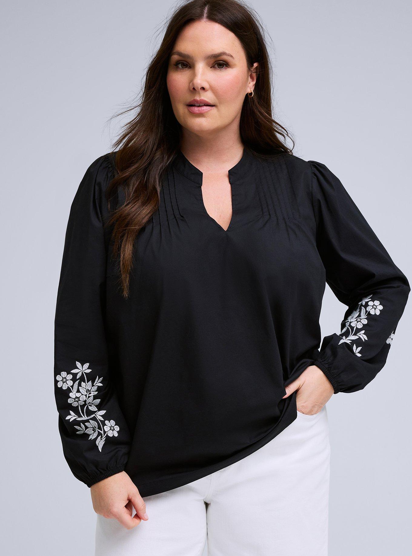 Plus Size Belle Isle Embroidered Sleeve Top, DEEP BLACK, hi-res