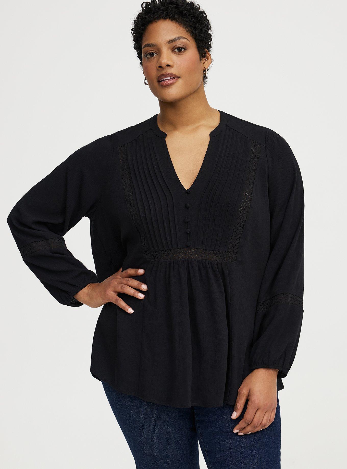 Plus Size Crinkle Gauze Pintuck Blouse, DEEP BLACK, hi-res