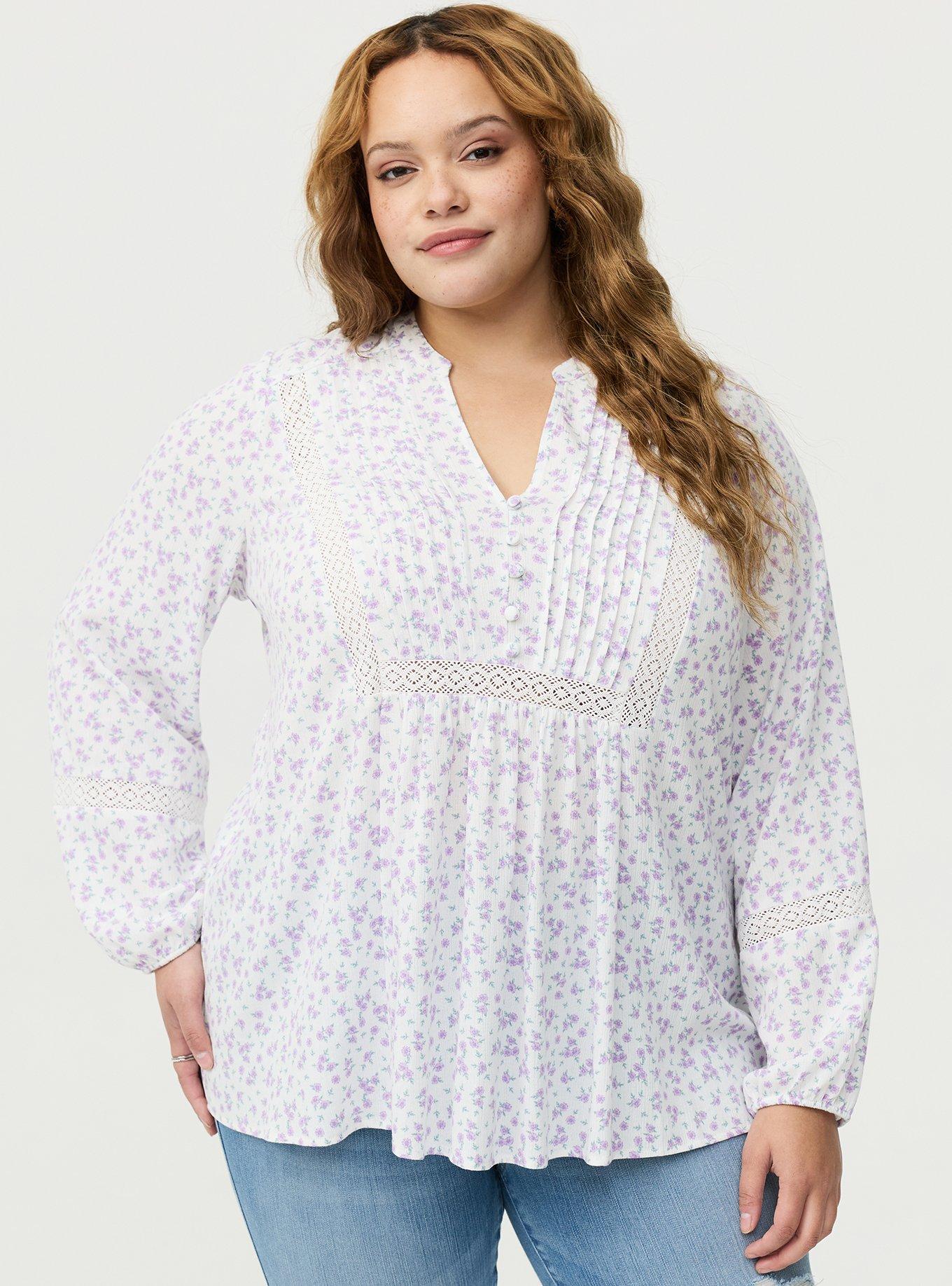 Plus Size Crinkle Gauze Pintuck Blouse, DONNA DITSY FLORAL PURPLE, hi-res