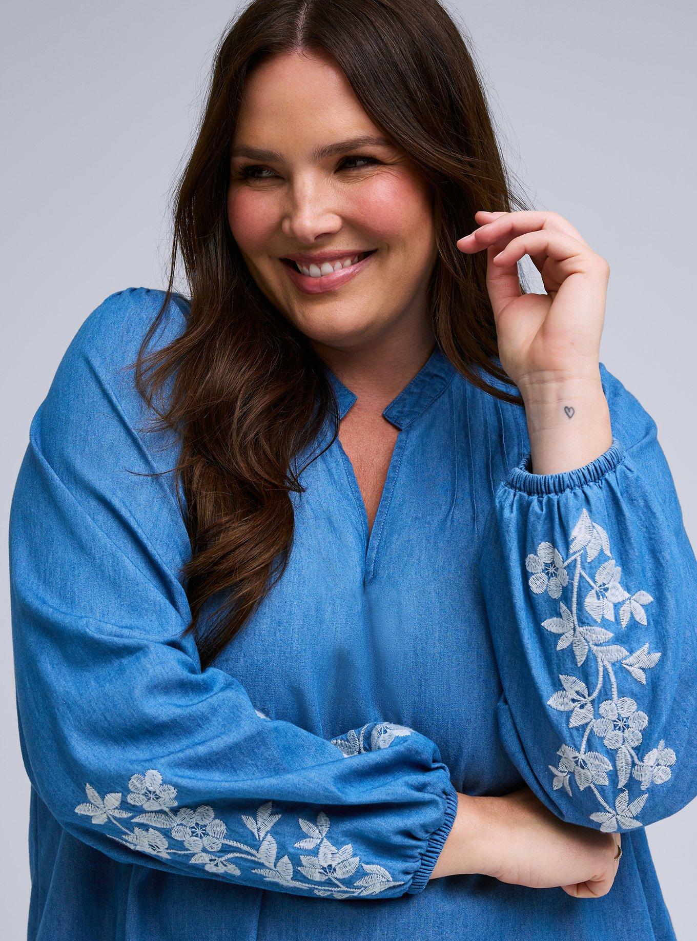 Belle Isle Chambray Embroidered Sleeve Top, CHAMBRAY, alternate