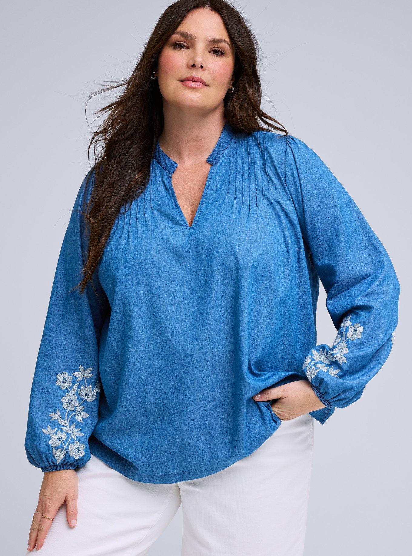 Belle Isle Chambray Embroidered Sleeve Top, CHAMBRAY, hi-res