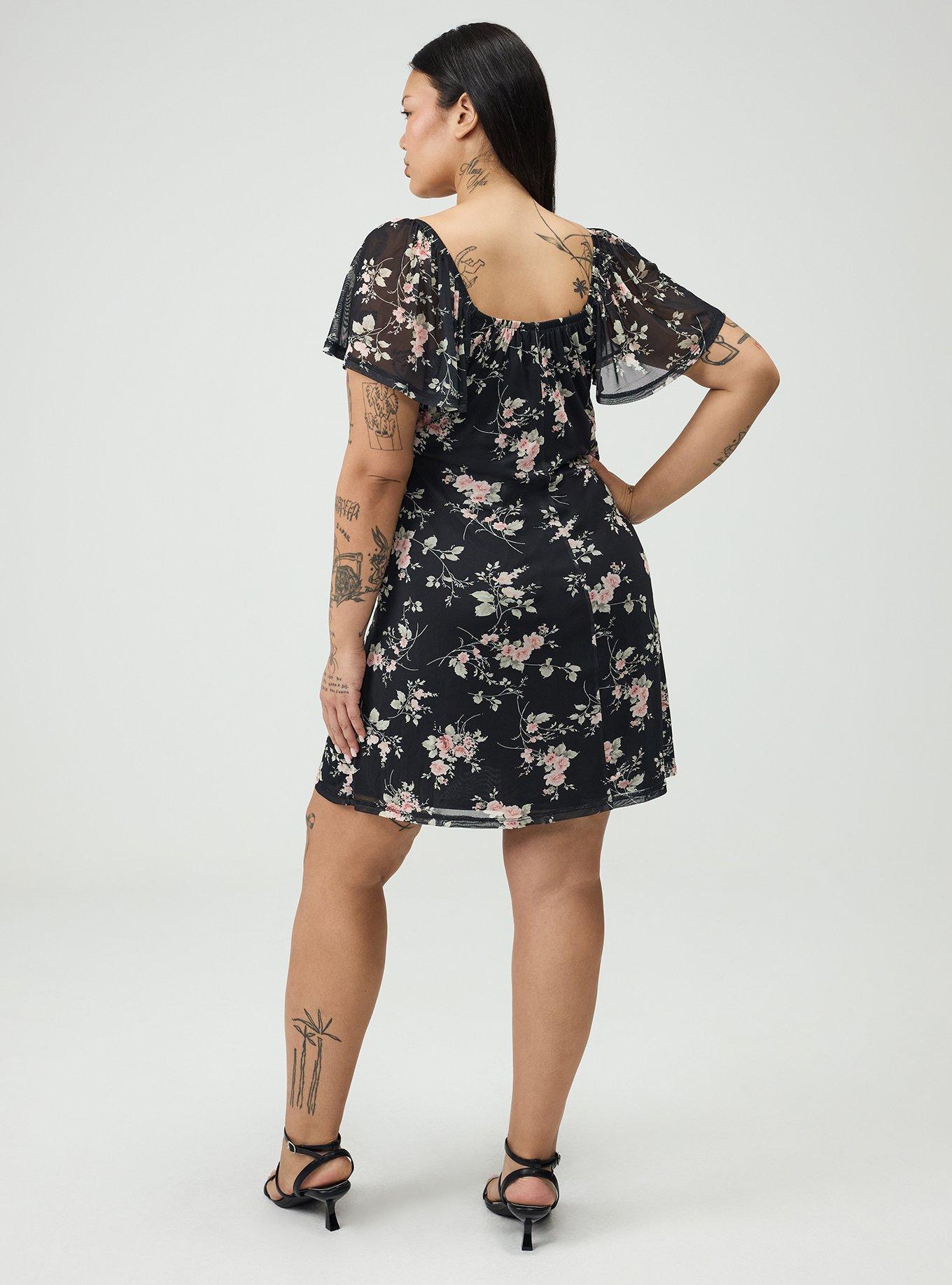 Flutter Sleeve Mesh Mini Dress, GRACE FLORAL BLACK, alternate