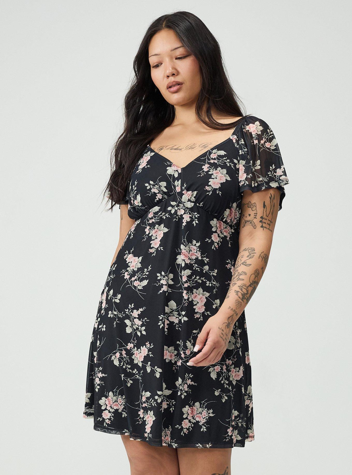 Flutter Sleeve Mesh Mini Dress, GRACE FLORAL BLACK, hi-res