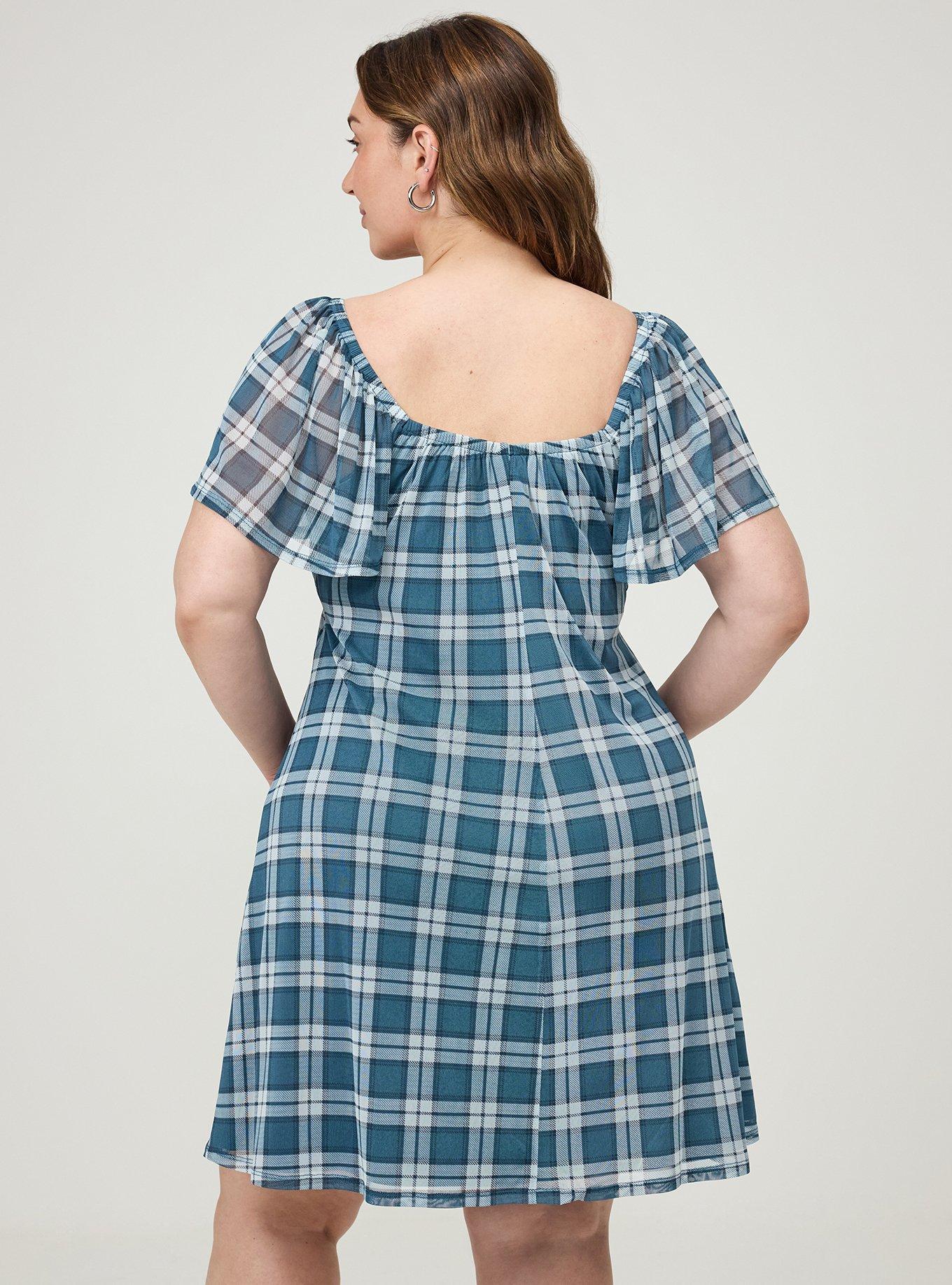 Flutter Sleeve Mesh Mini Dress, AUTUMN PLAID TEAL MALLARD BLUE, alternate