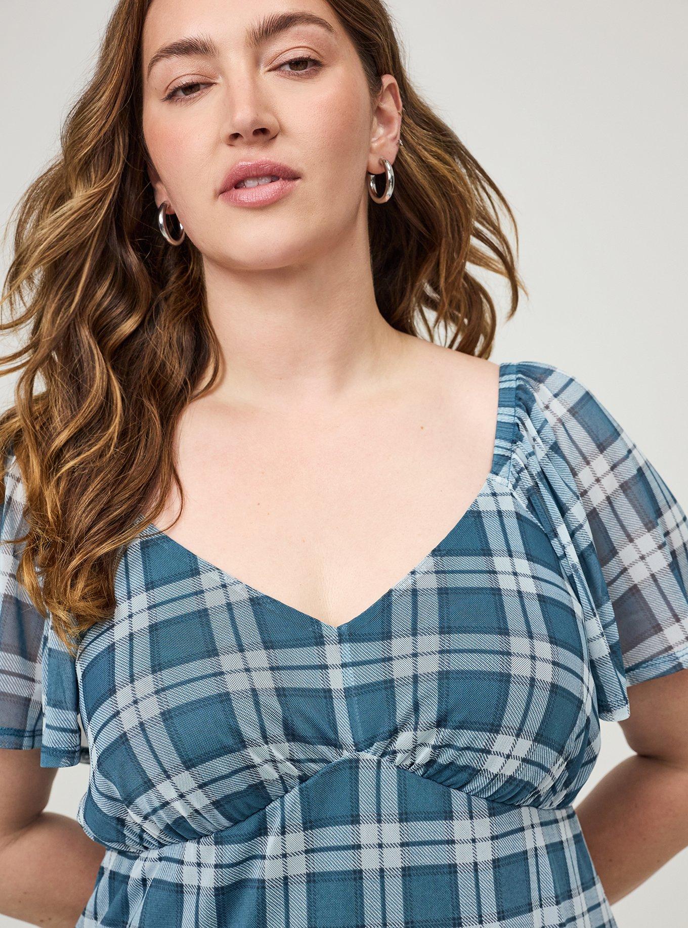 Flutter Sleeve Mesh Mini Dress, AUTUMN PLAID TEAL MALLARD BLUE, alternate