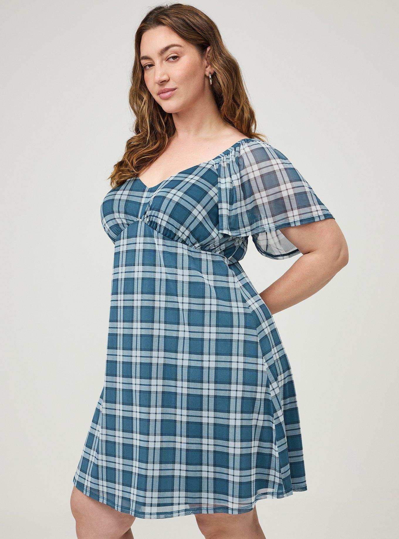 Flutter Sleeve Mesh Mini Dress, AUTUMN PLAID TEAL MALLARD BLUE, alternate