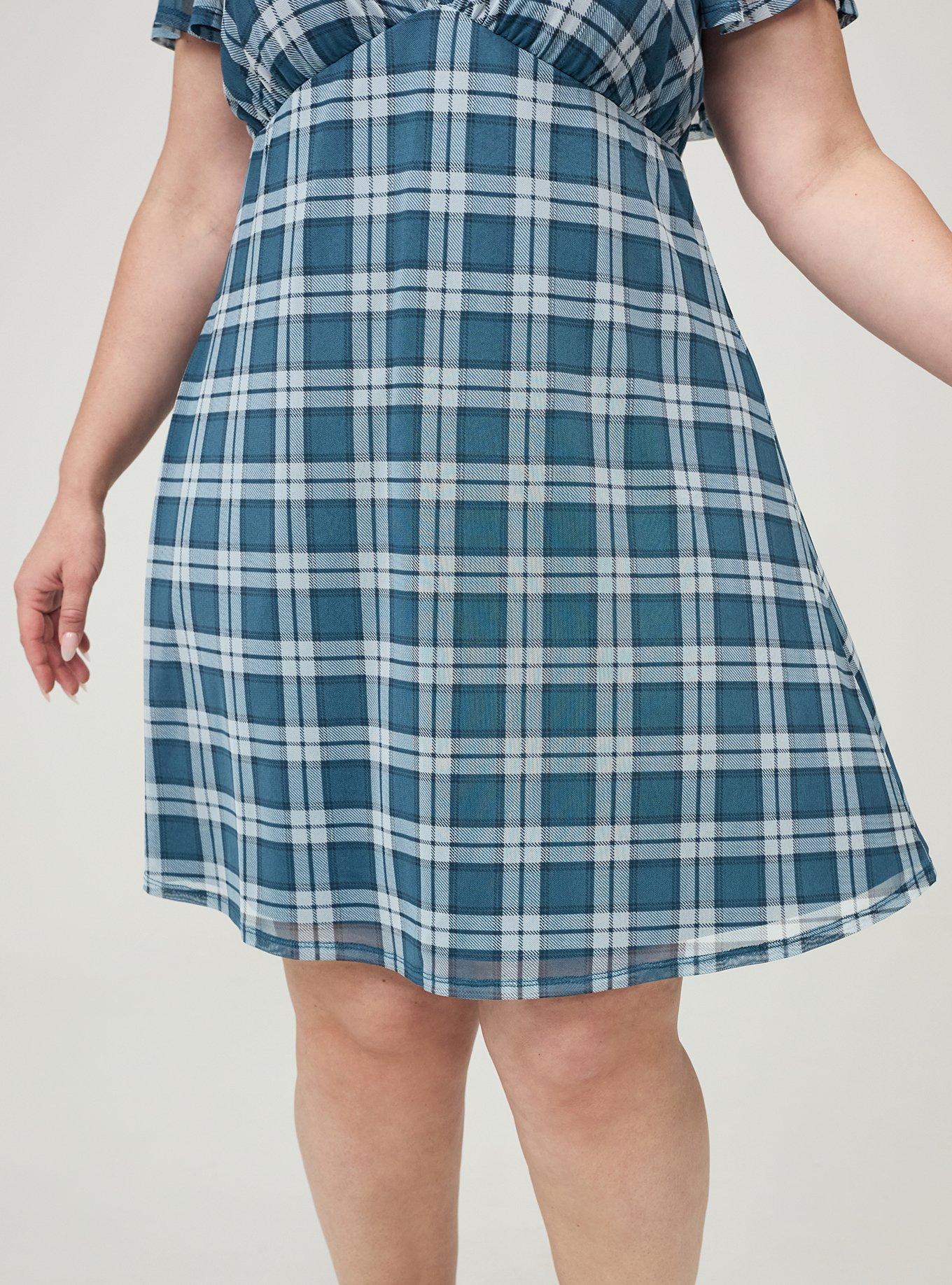Flutter Sleeve Mesh Mini Dress, AUTUMN PLAID TEAL MALLARD BLUE, alternate