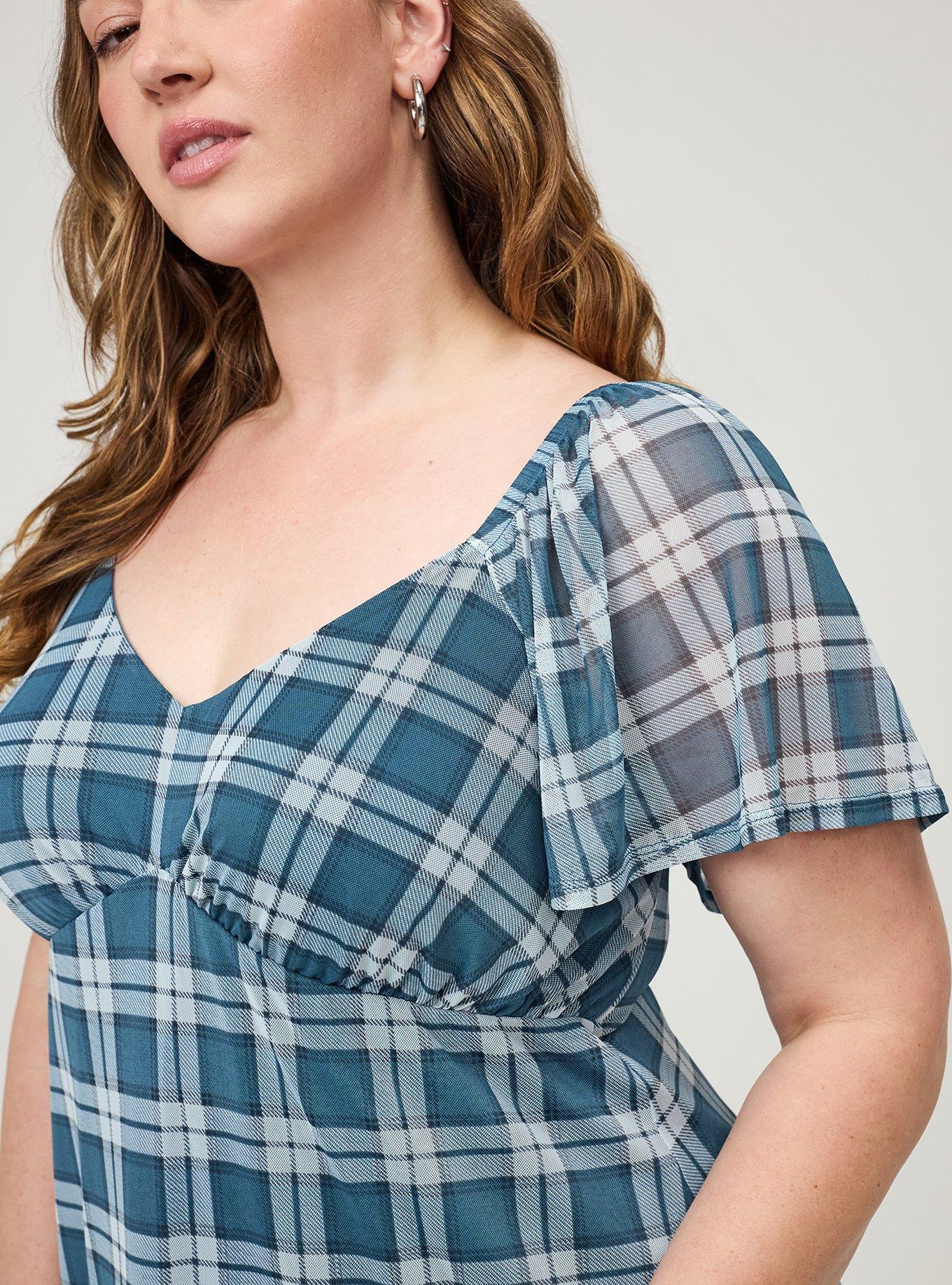 Flutter Sleeve Mesh Mini Dress, AUTUMN PLAID TEAL MALLARD BLUE, alternate