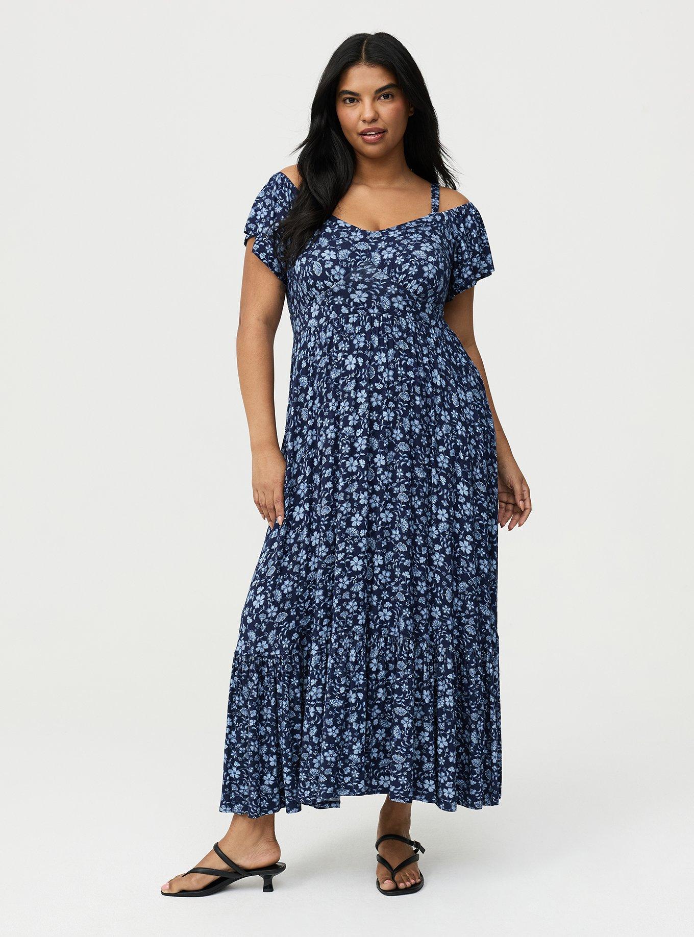 Plus Size Cold Shoulder Tiered Maxi Dress, RUMBLE JACO NAVY, hi-res