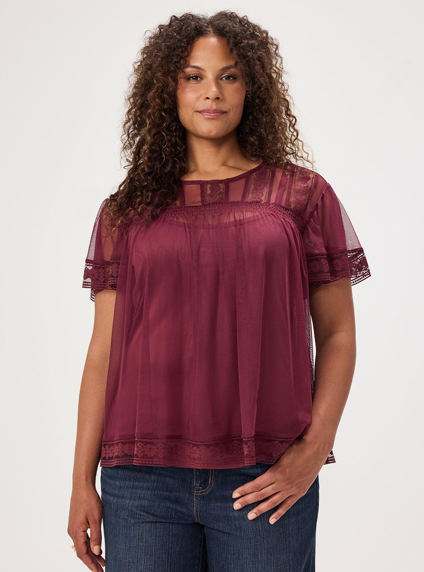 Mesh Lace Top, MAROON BANNER, hi-res