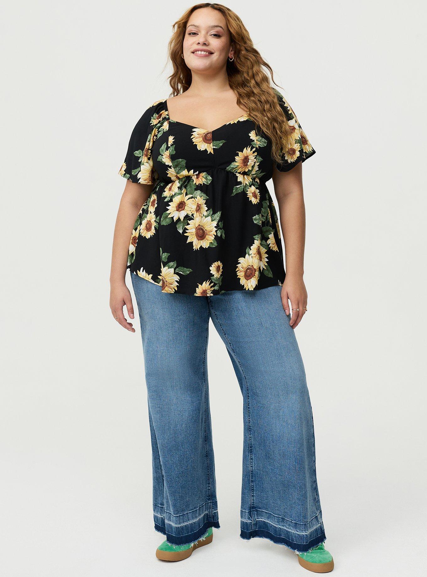 Peplum Babydoll Top, CLASSIC SUNFLOWERS FLORAL BLACK, alternate