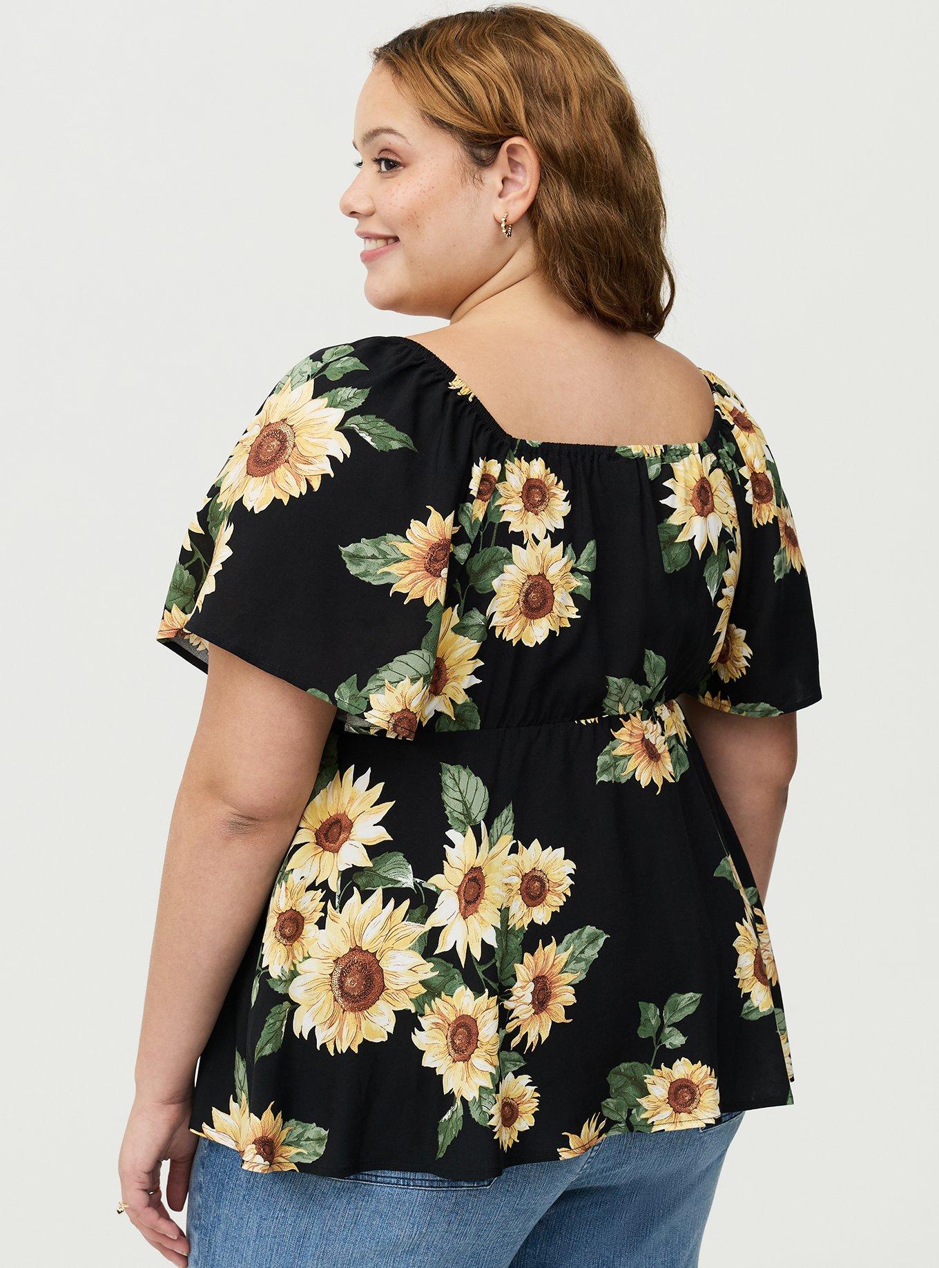 Peplum Babydoll Top, CLASSIC SUNFLOWERS FLORAL BLACK, alternate