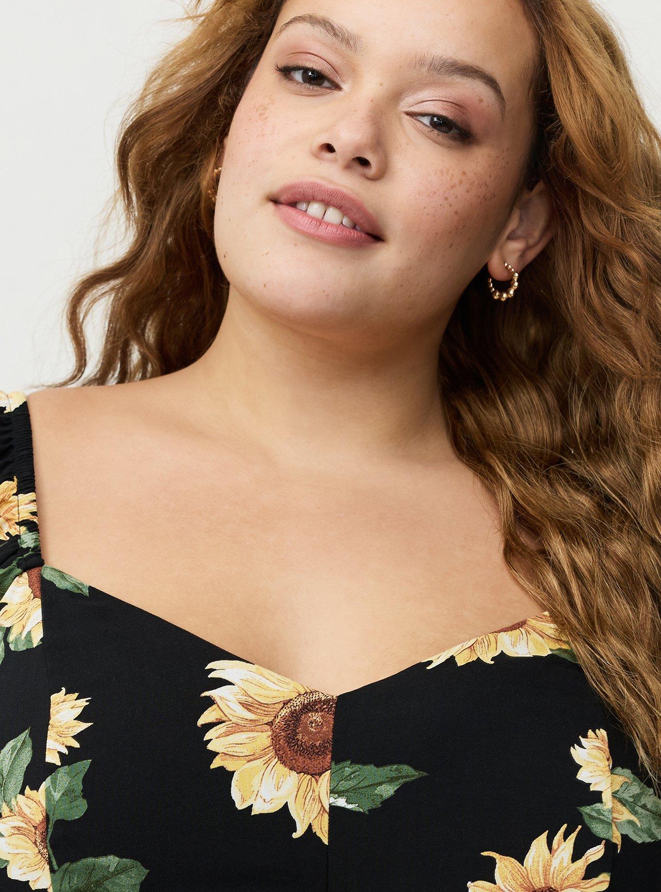 Peplum Babydoll Top, CLASSIC SUNFLOWERS FLORAL BLACK, alternate