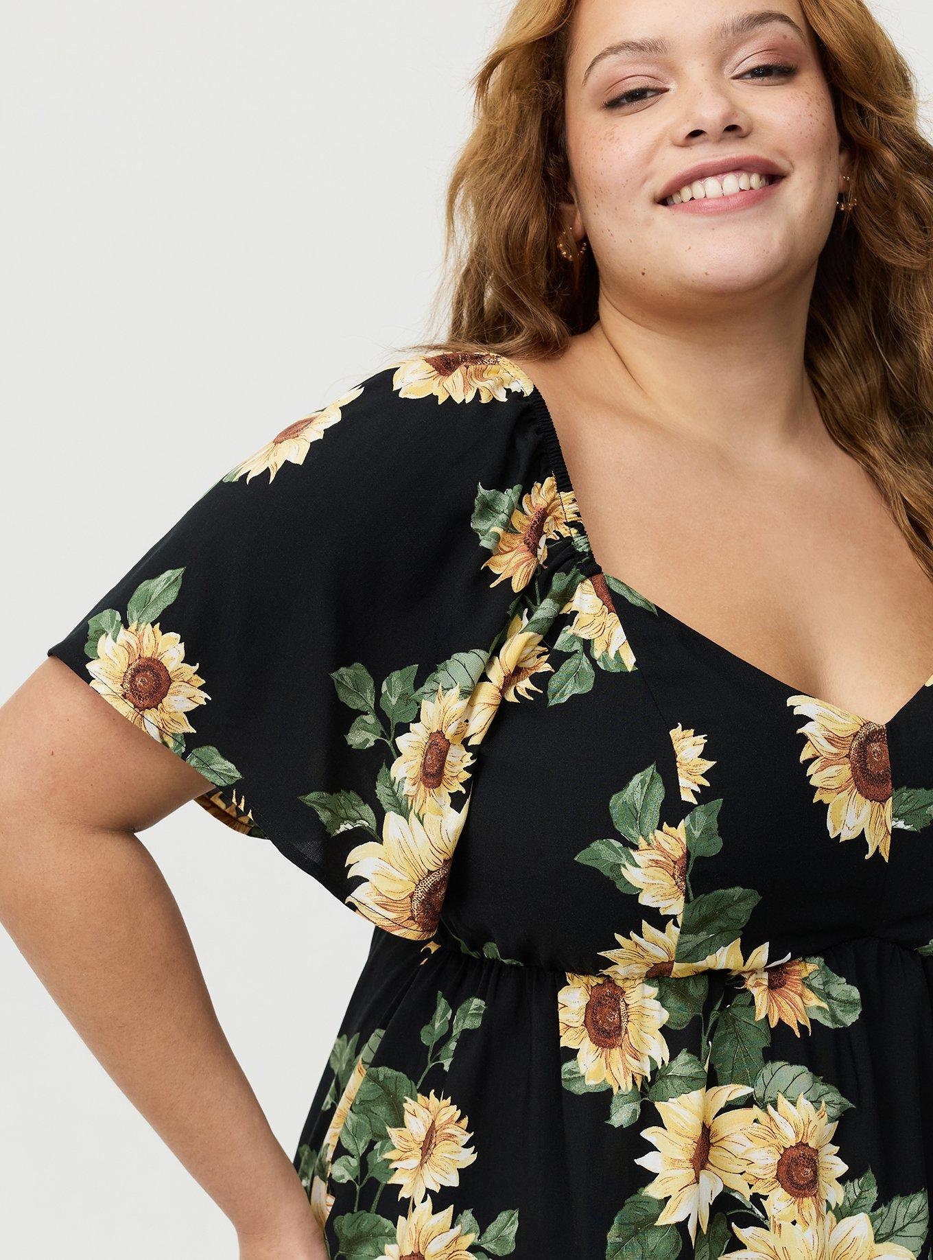 Peplum Babydoll Top, CLASSIC SUNFLOWERS FLORAL BLACK, alternate