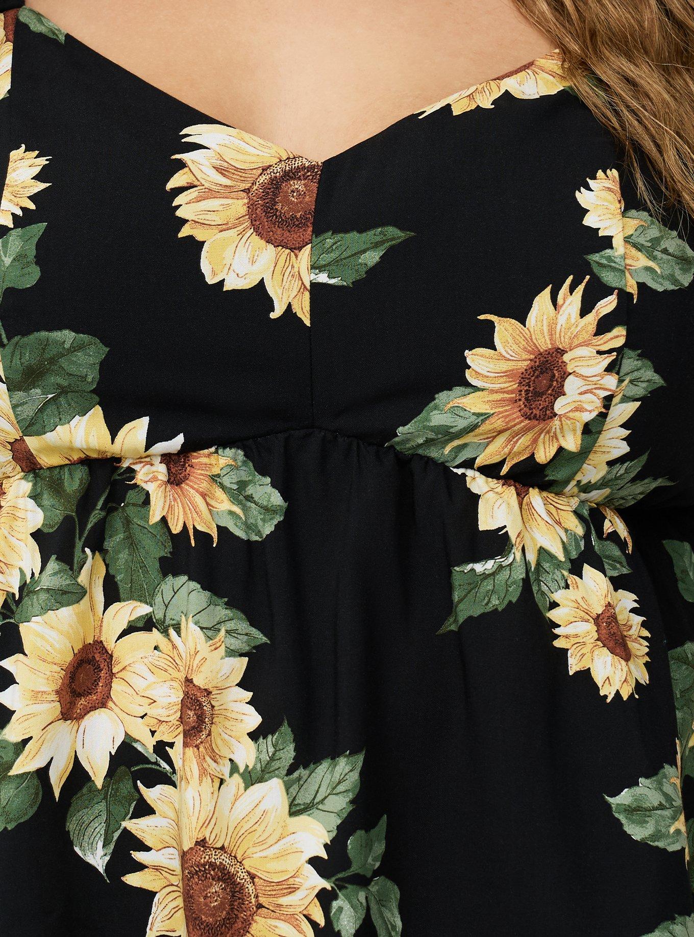 Peplum Babydoll Top, CLASSIC SUNFLOWERS FLORAL BLACK, alternate