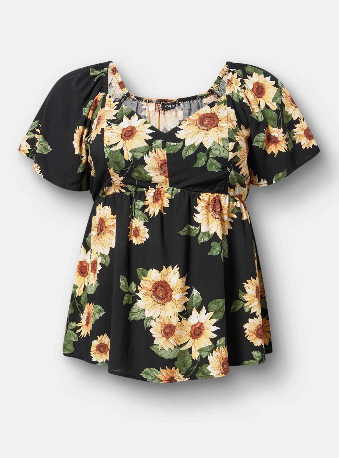 Peplum Babydoll Top, CLASSIC SUNFLOWERS FLORAL BLACK, hi-res