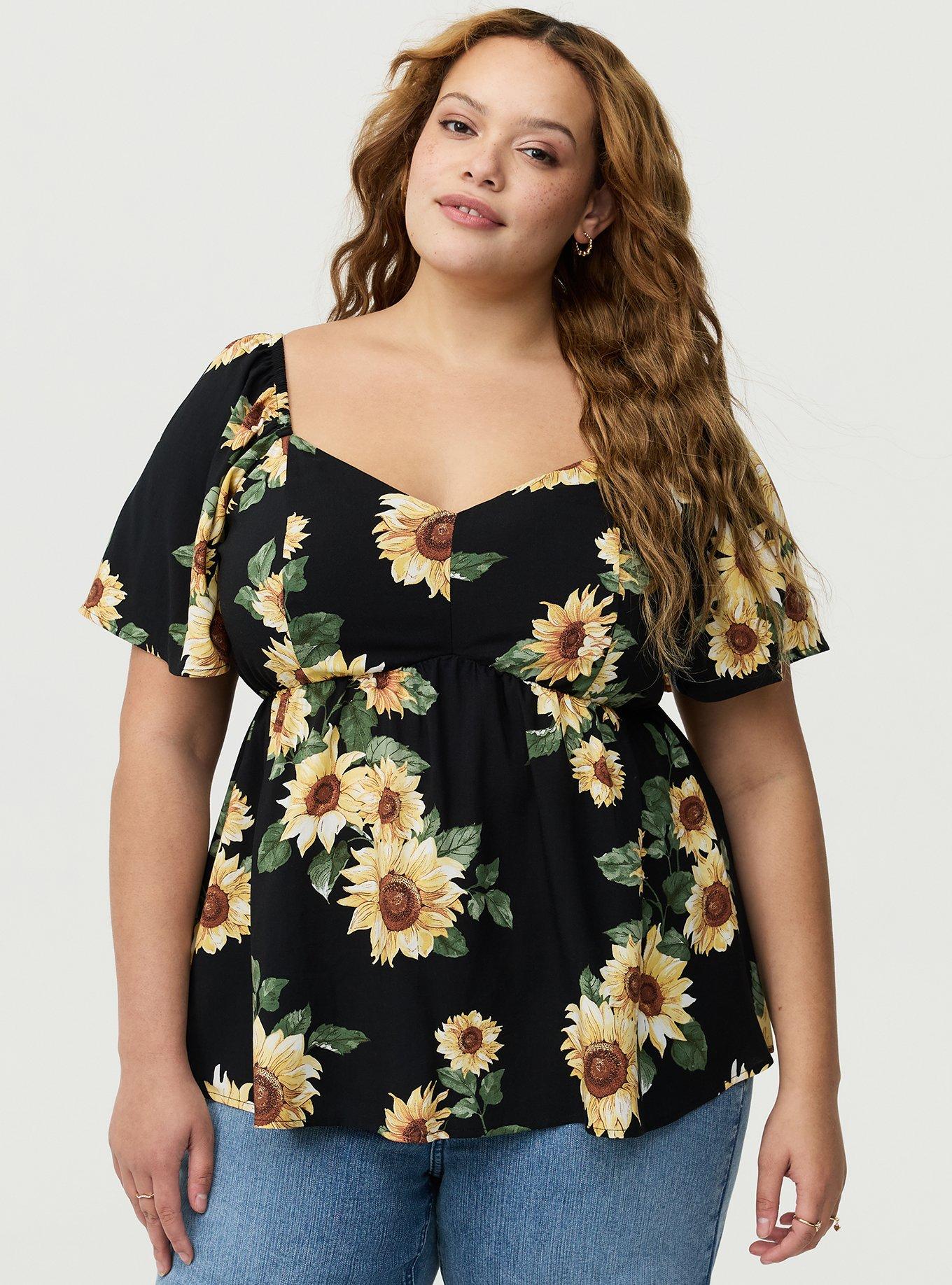 Plus Size Peplum Babydoll Top, CLASSIC SUNFLOWERS FLORAL BLACK, hi-res