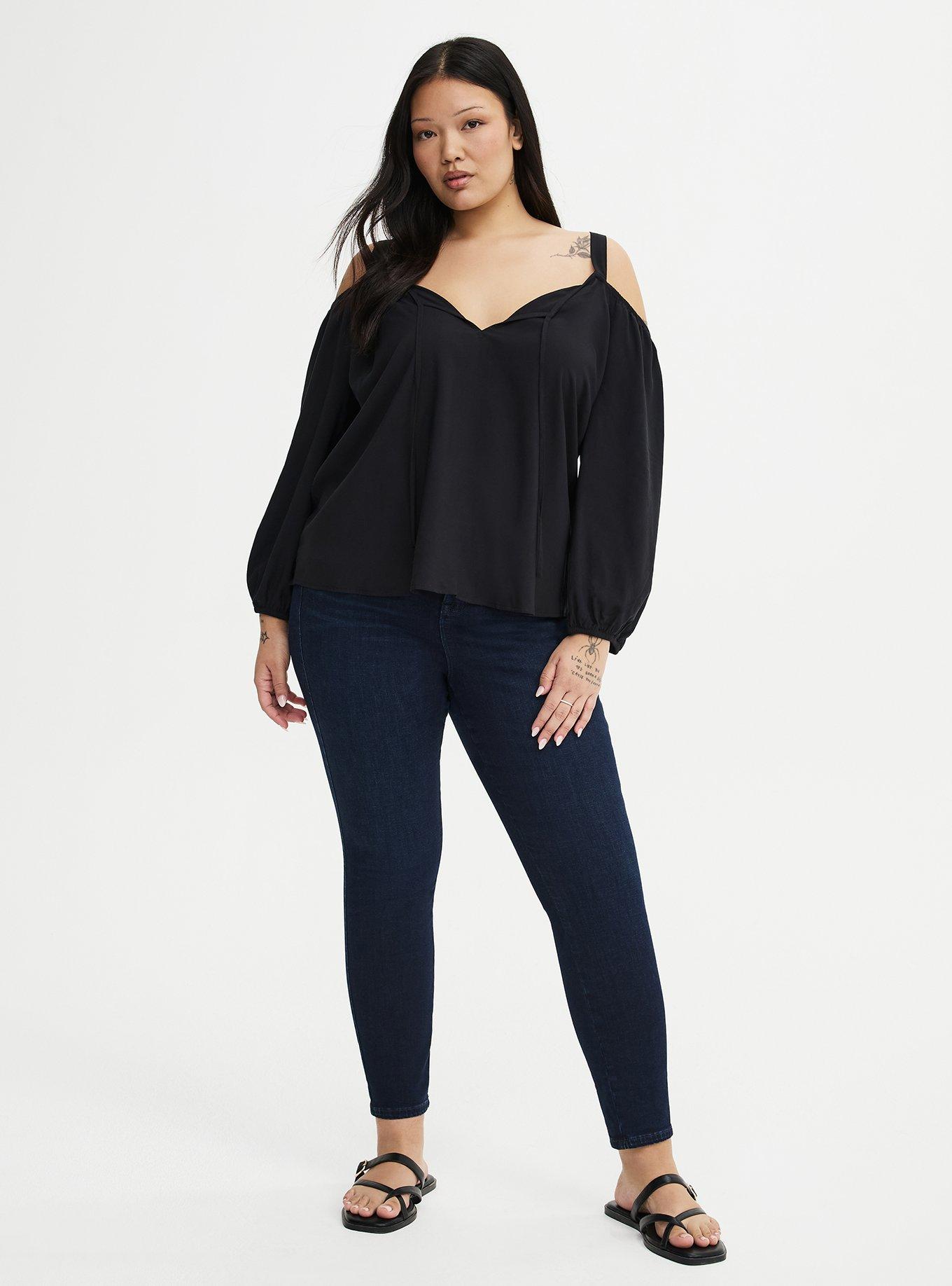 Cold Shoulder V-Neck Blouse, DEEP BLACK, alternate