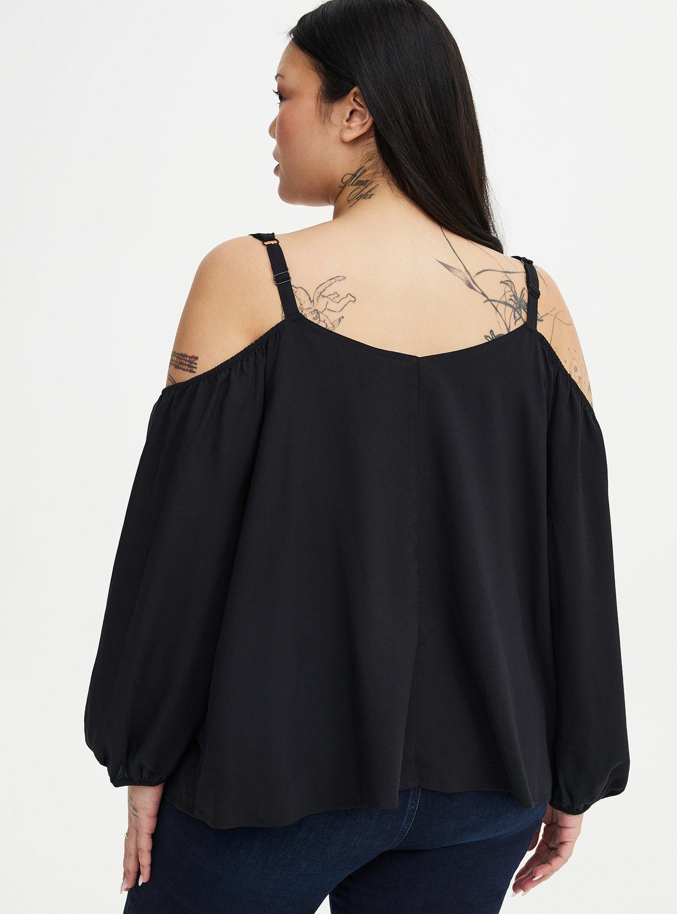 Cold Shoulder V-Neck Blouse, DEEP BLACK, alternate