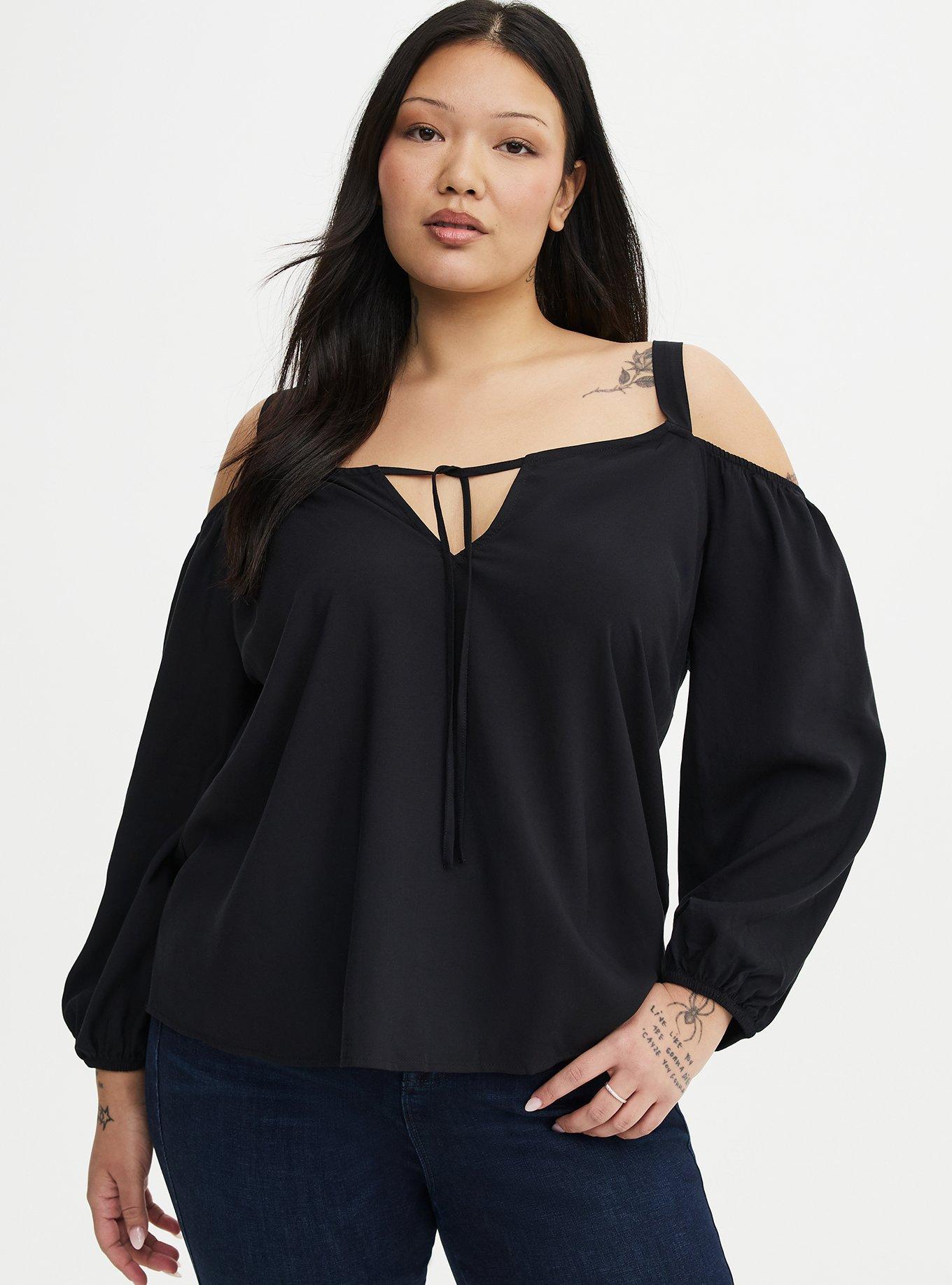 Cold Shoulder V-Neck Blouse, DEEP BLACK, alternate