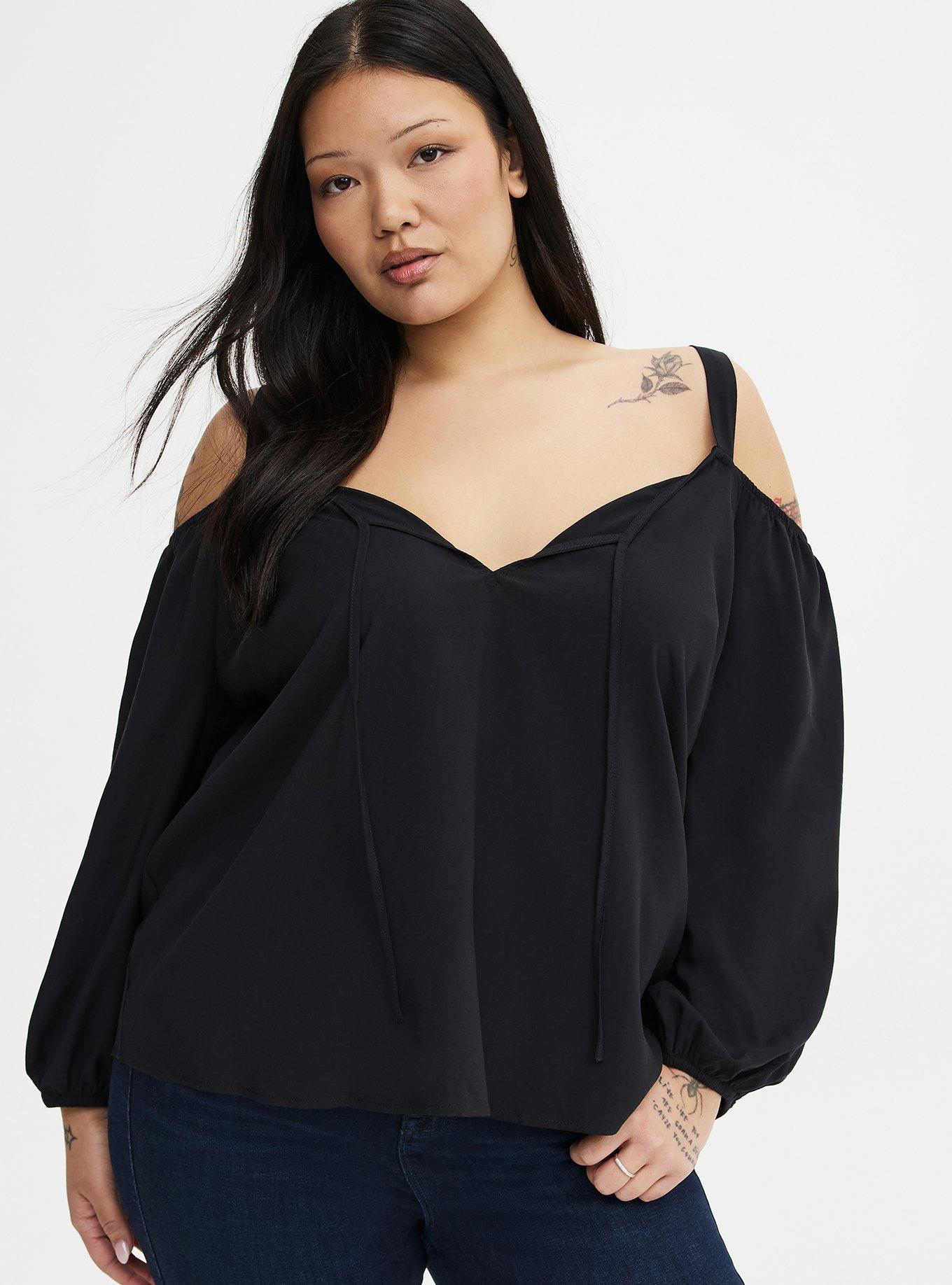 Cold Shoulder V-Neck Blouse, DEEP BLACK, alternate