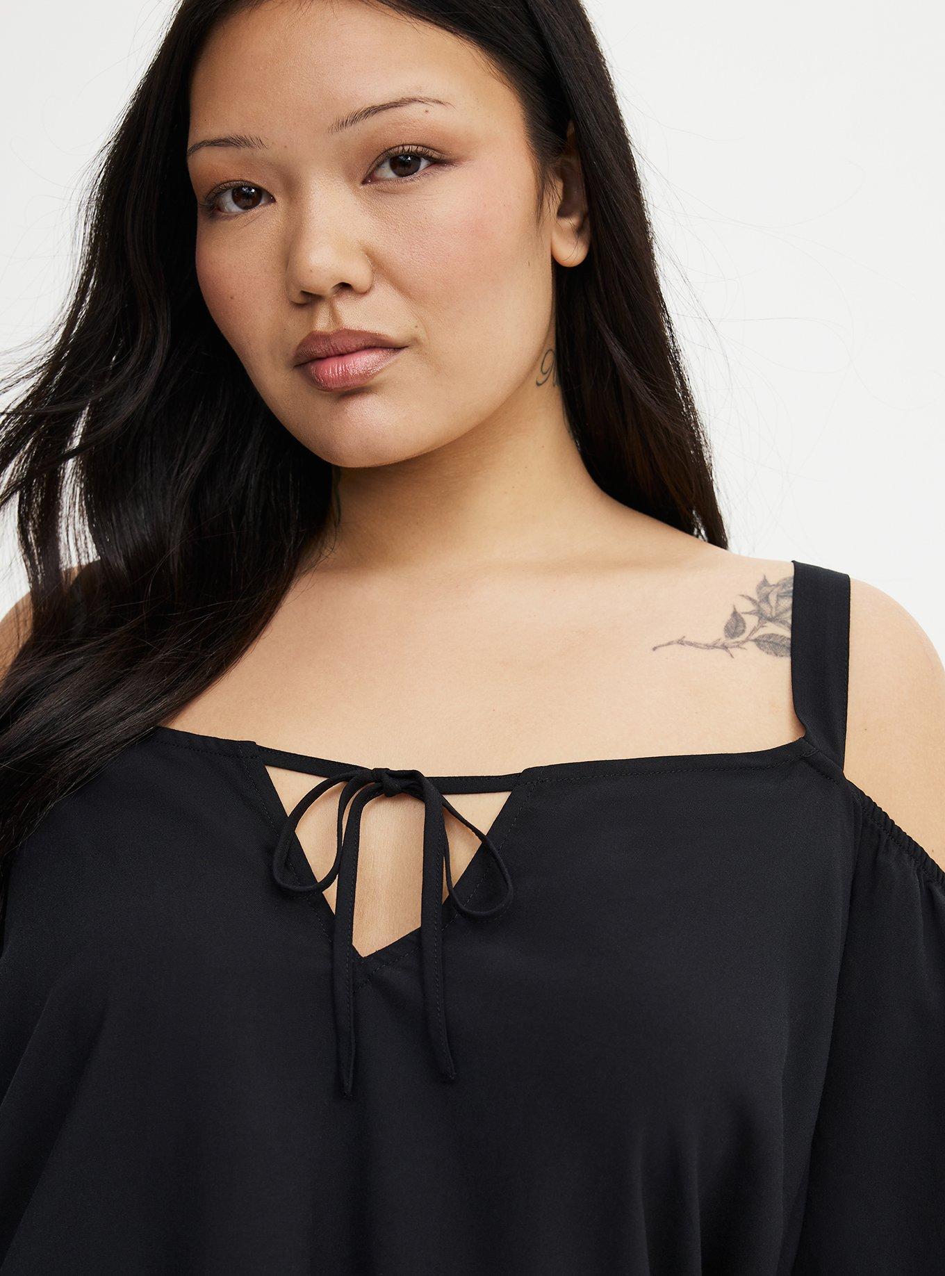 Cold Shoulder V-Neck Blouse, DEEP BLACK, alternate