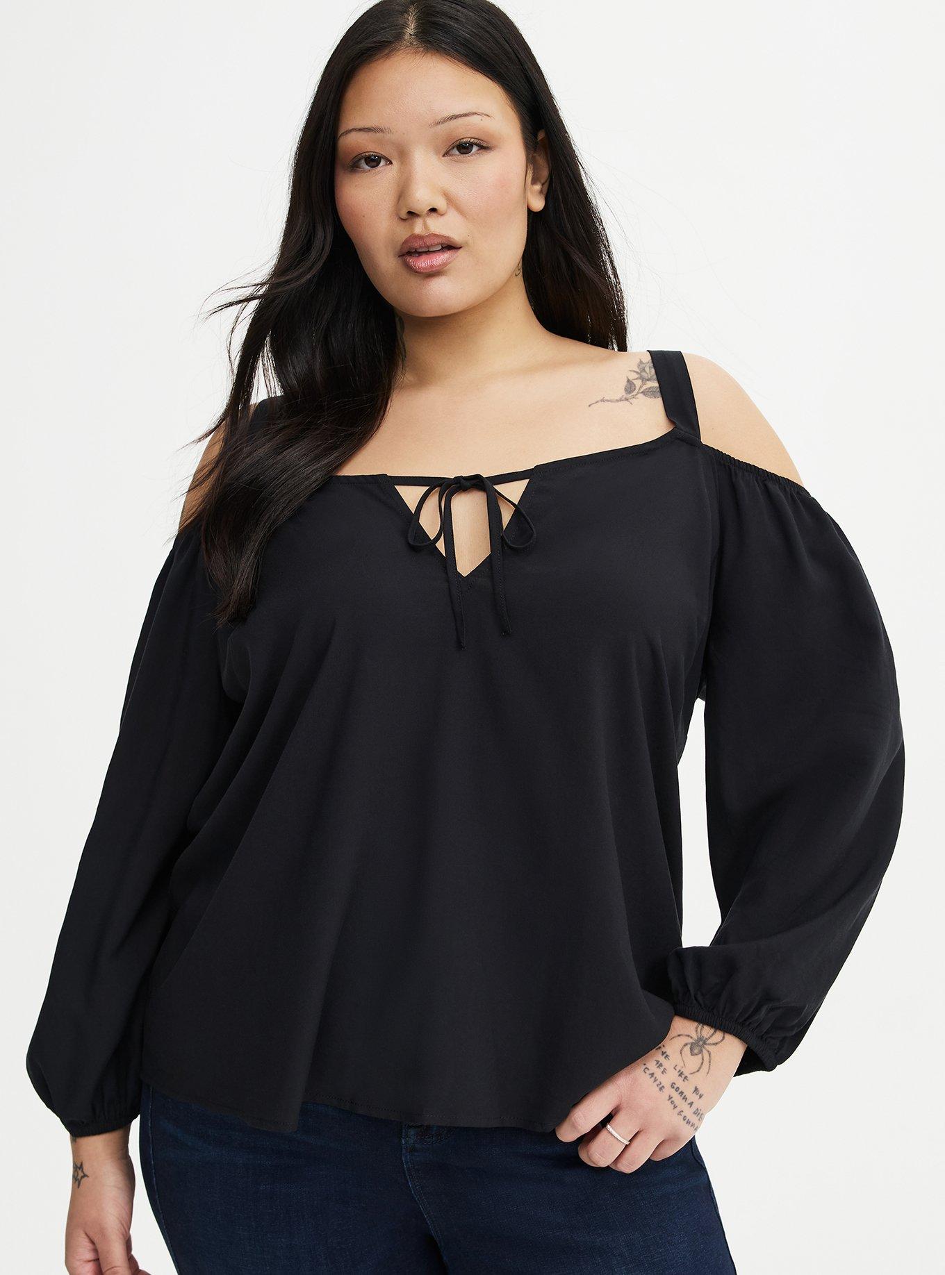 Plus Size Cold Shoulder V-Neck Blouse, DEEP BLACK, hi-res