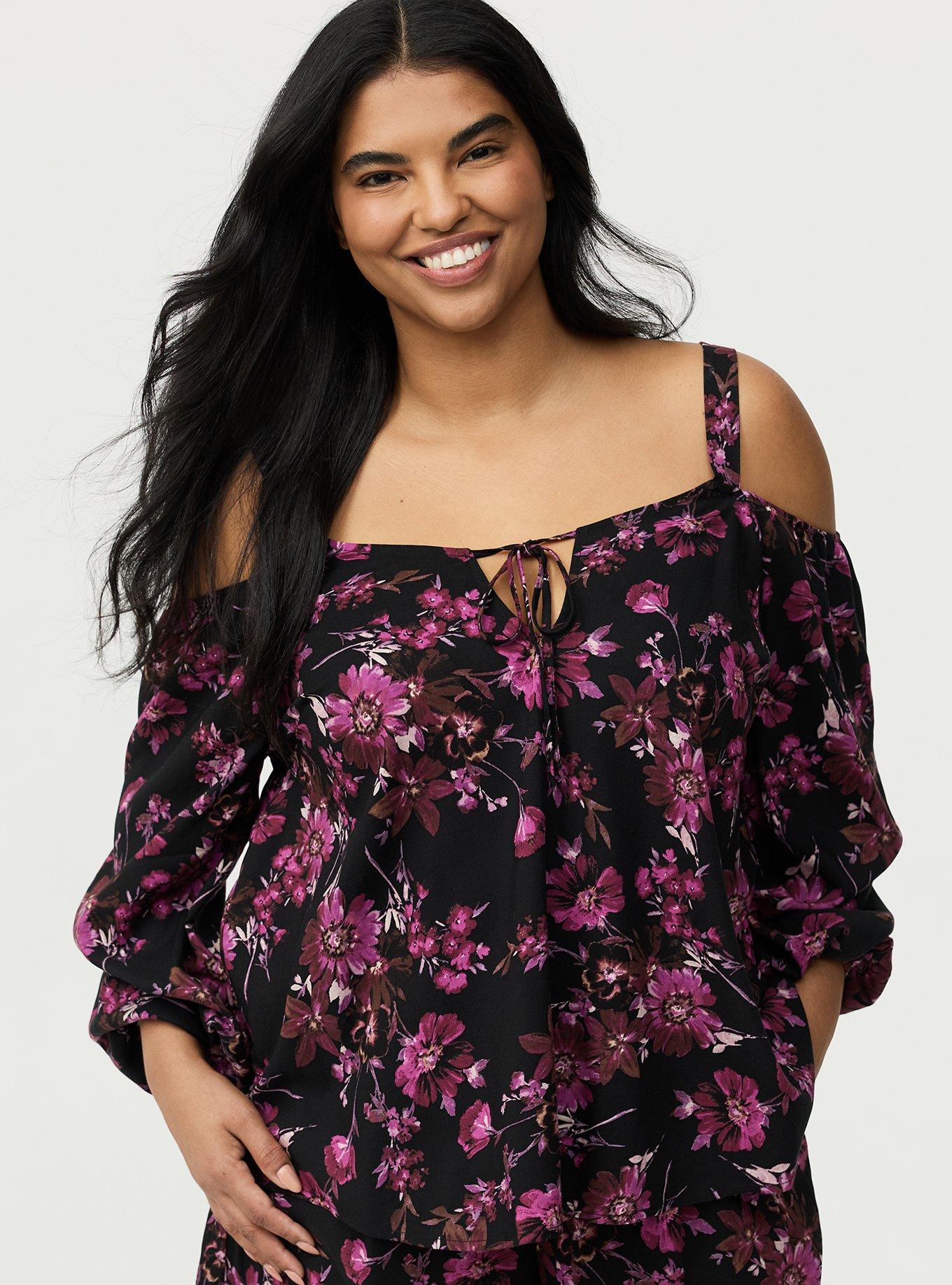 Cold Shoulder V-Neck Blouse, WHIMSICAL DAISY FLORAL BLACK, alternate