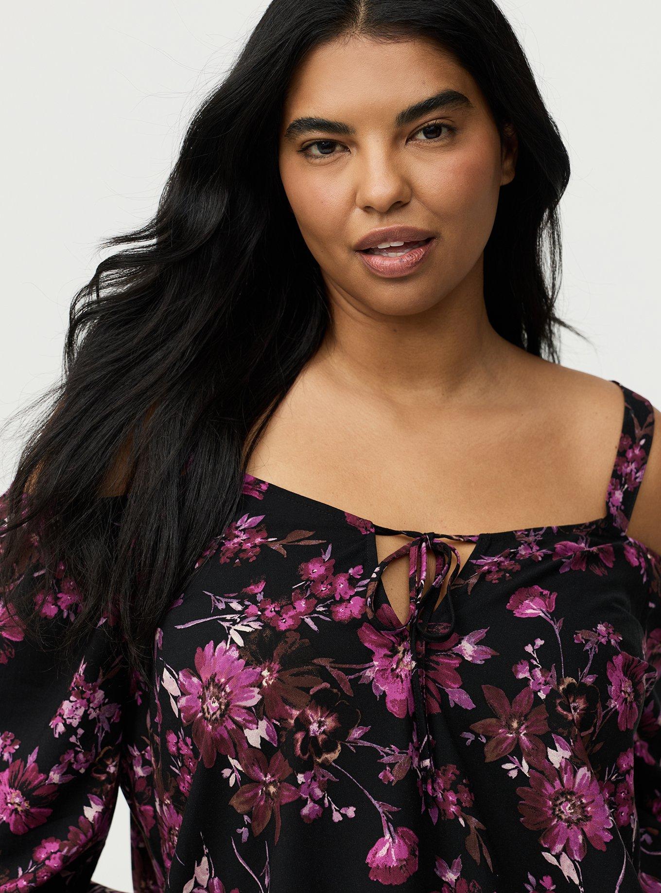 Cold Shoulder V-Neck Blouse, WHIMSICAL DAISY FLORAL BLACK, alternate