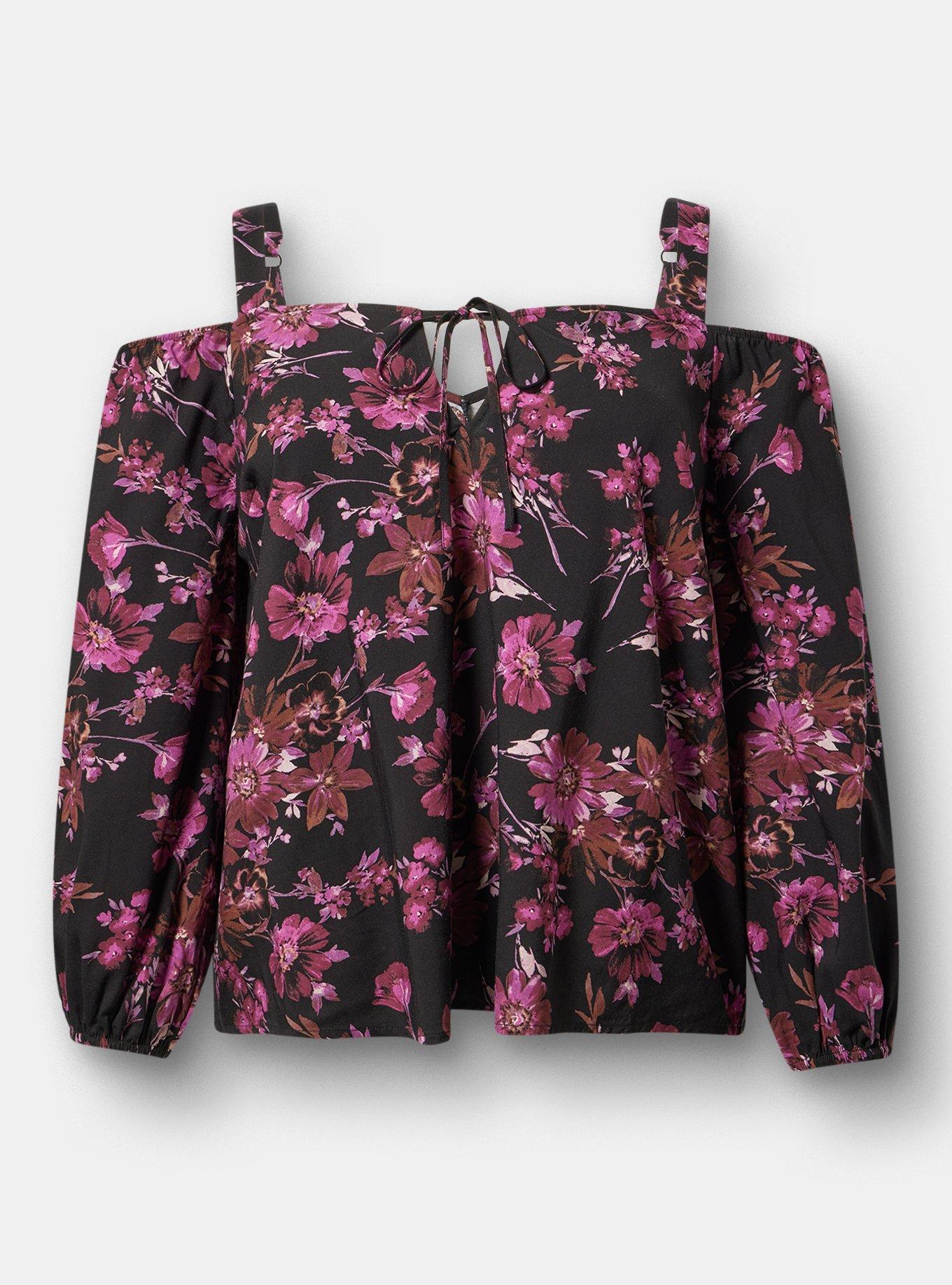 Cold Shoulder V-Neck Blouse, WHIMSICAL DAISY FLORAL BLACK, hi-res