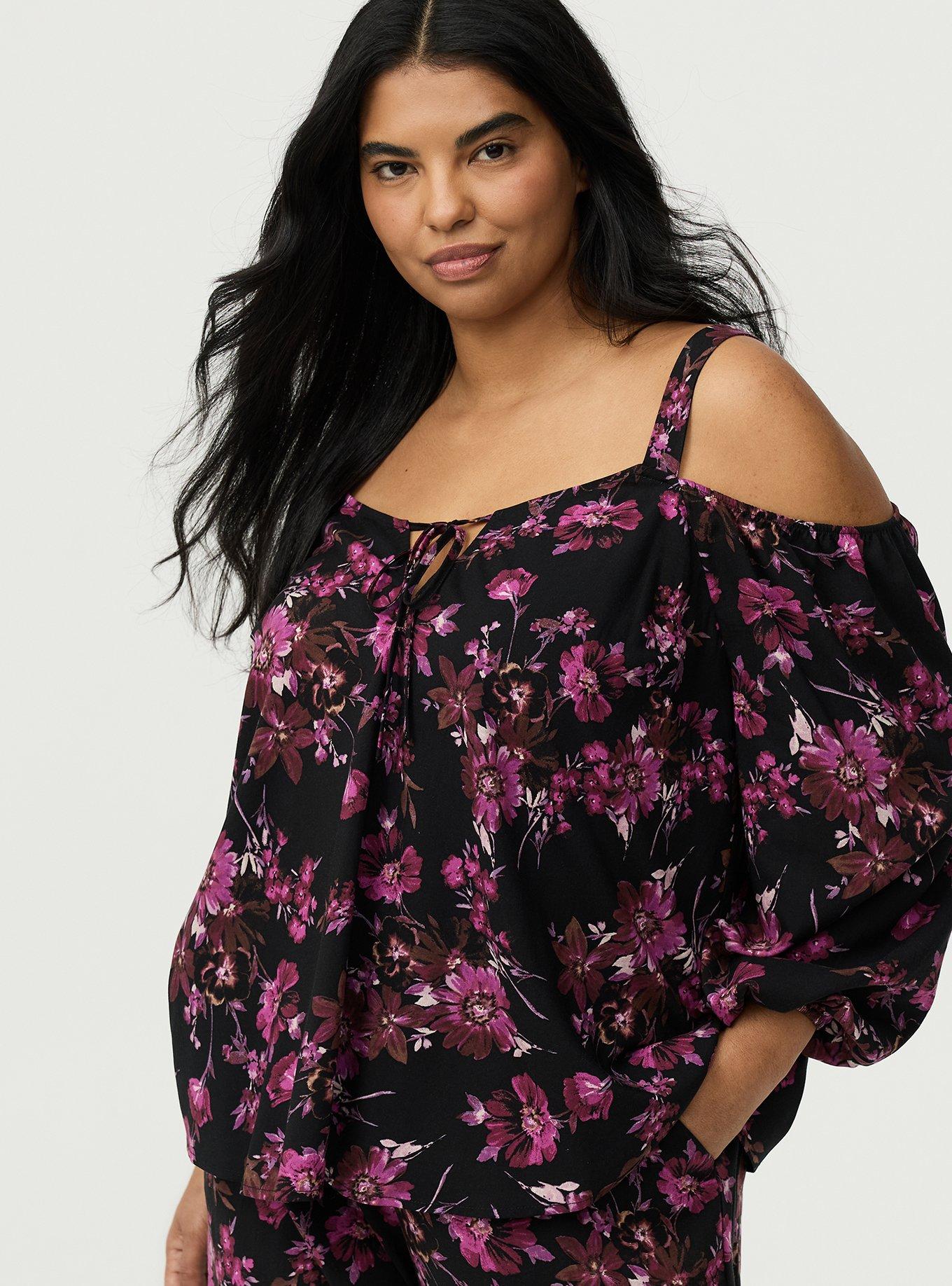 Plus Size Cold Shoulder V-Neck Blouse, WHIMSICAL DAISY FLORAL BLACK, hi-res