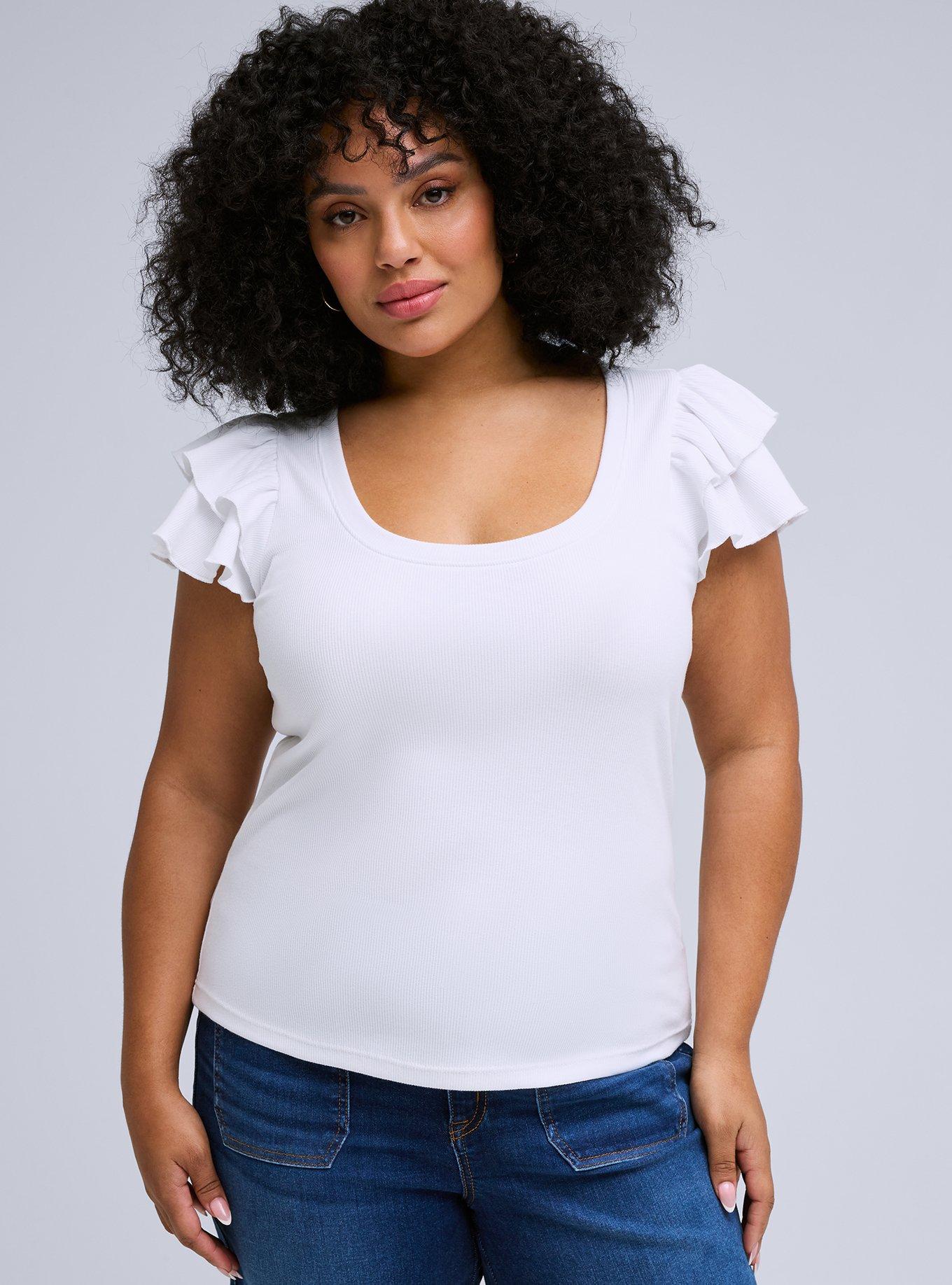 Belle Isle Ribbed Scoop Ruffle Sleeve Top, BRIGHT WHITE, hi-res
