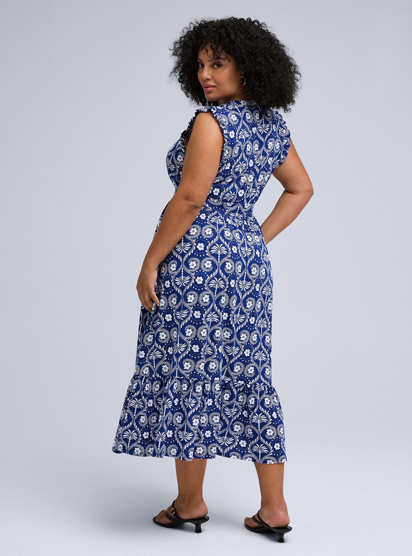 Belle Isle V-Neck Ruffle Sleeve Midi Dress, TROPIC PALM IKAT BLUE, alternate