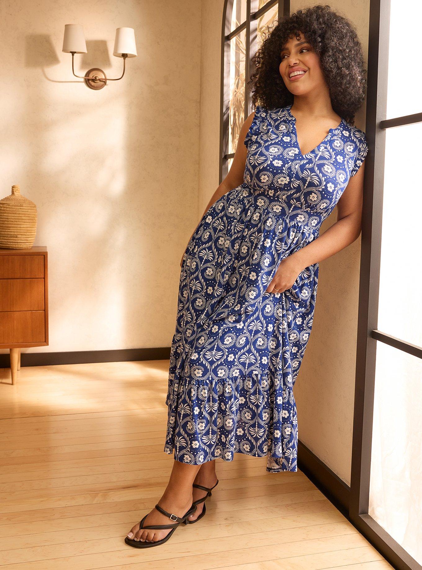 Belle Isle V-Neck Ruffle Sleeve Midi Dress, TROPIC PALM IKAT BLUE, hi-res