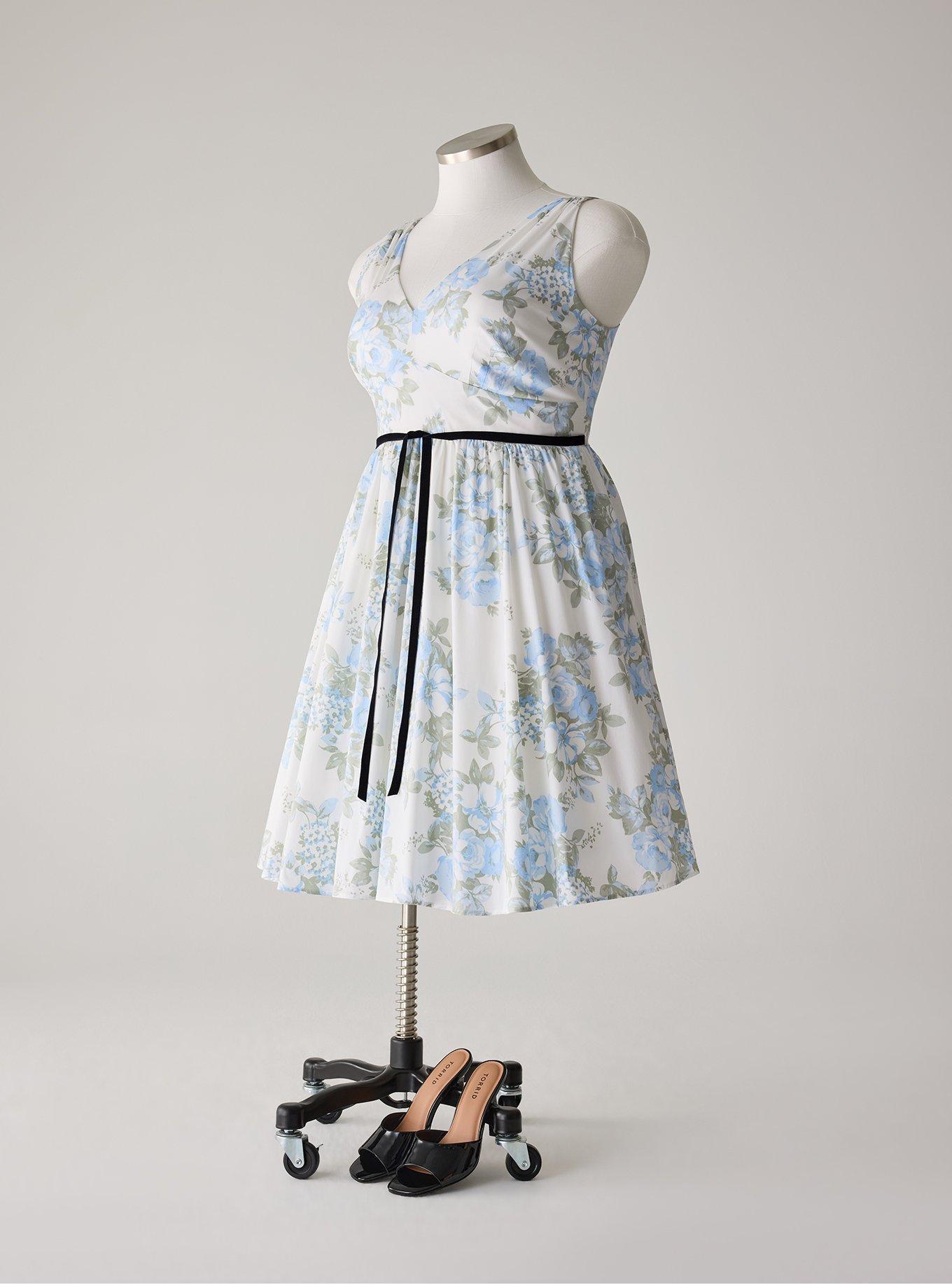 Retro Chic Belted Swing  Midi Dress, DAKOTA ROSES FLORAL WHITE, hi-res