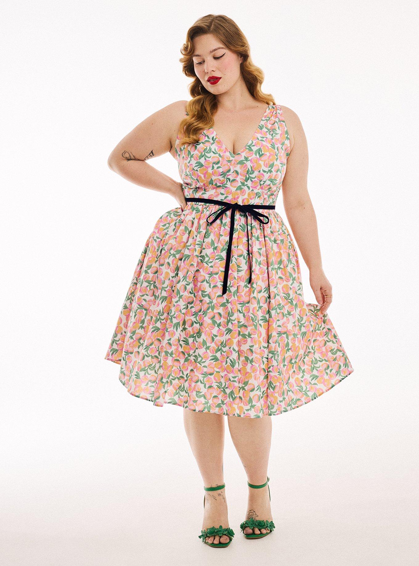 Plus Size Retro Chic Belted Swing Dress, GEORGIA PEACHES MULTI, hi-res
