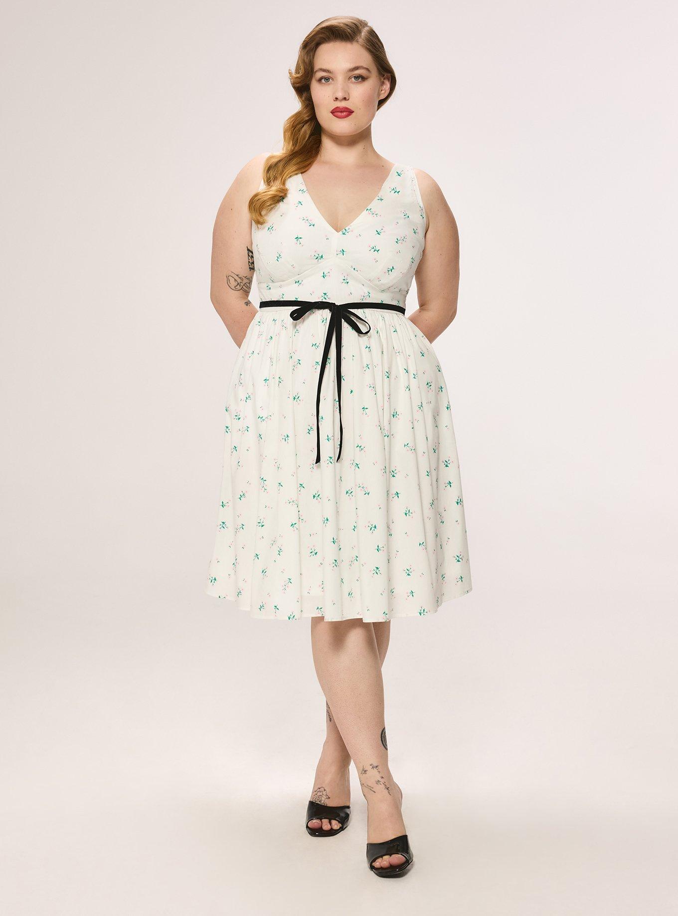 Retro Chic Belted Swing Dress, CORALINE FLORAL WHITE, hi-res