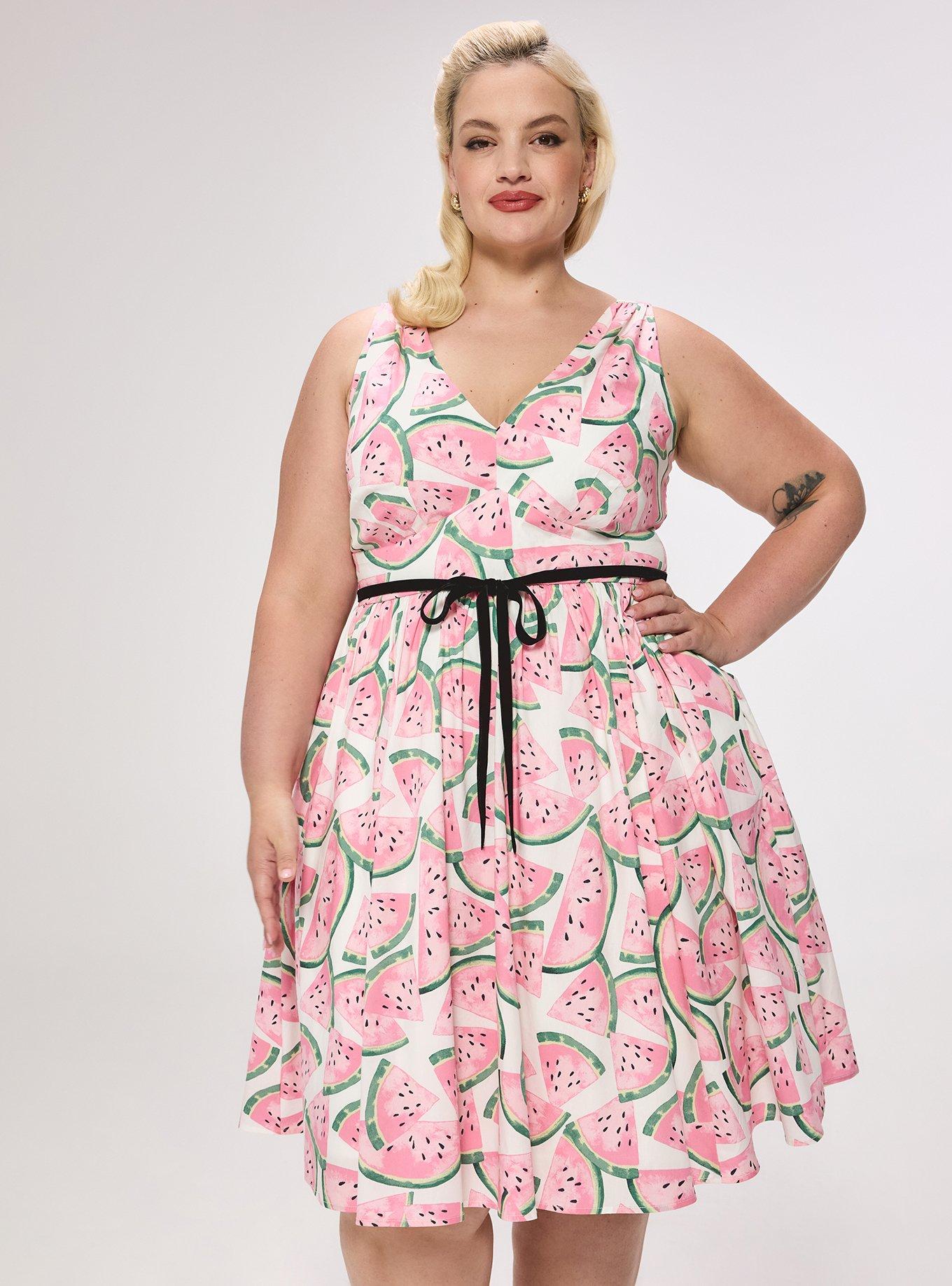 Retro Chic Belted Swing Dress, WATERMELON LAYER WHITE, alternate