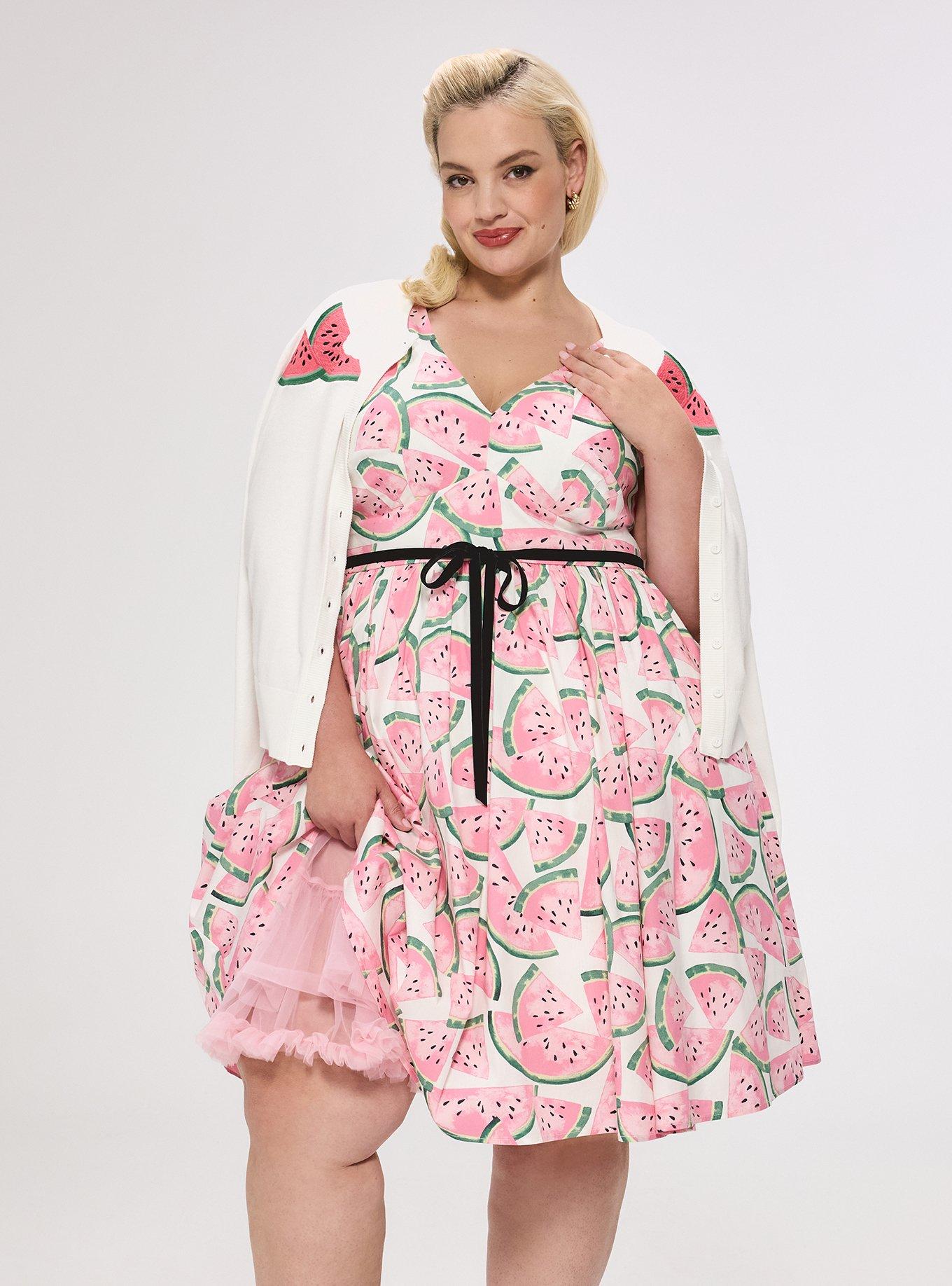 Retro Chic Belted Swing Dress, WATERMELON LAYER WHITE, alternate