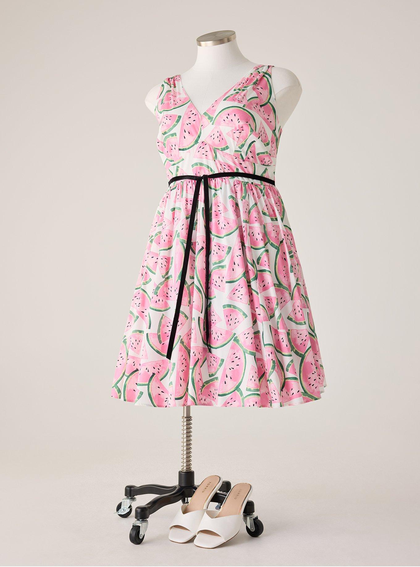 Retro Chic Belted Swing Dress, WATERMELON LAYER WHITE, flat