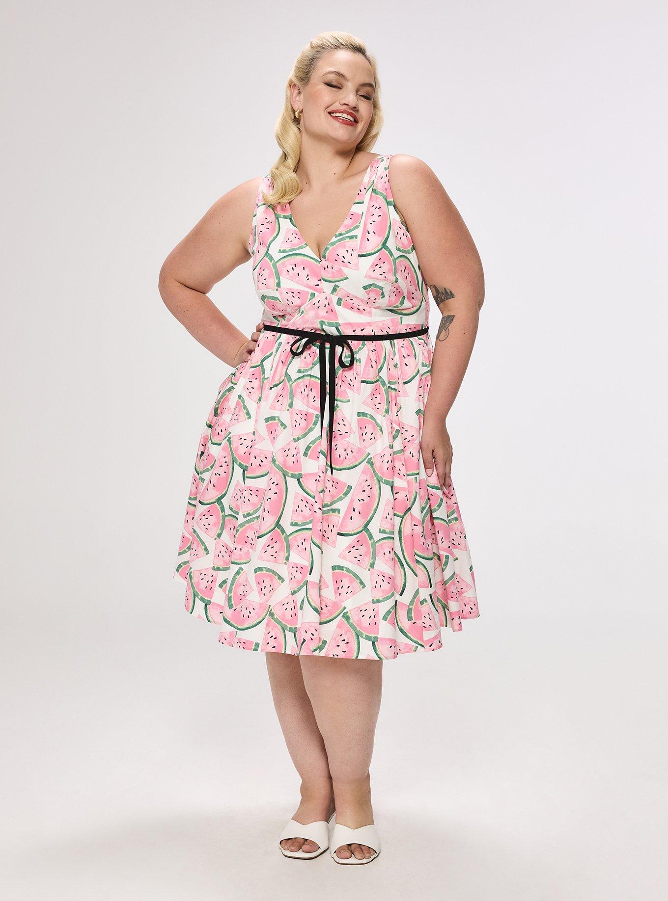 Retro Chic Belted Swing Dress, WATERMELON LAYER WHITE, hi-res