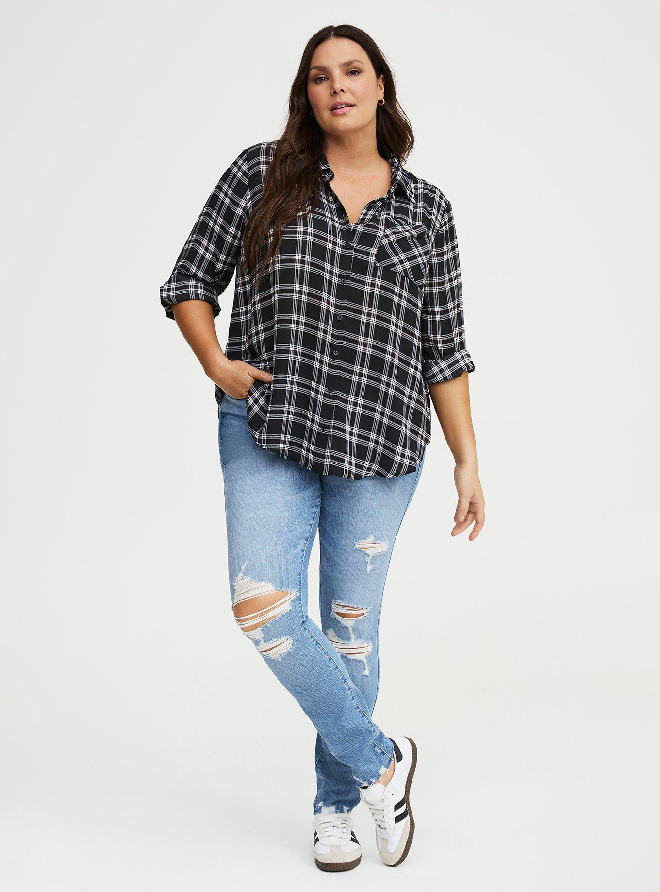 Georgette Oversized Button Down Shirt, EXTRA TEXTURE PLAID BLACK, alternate