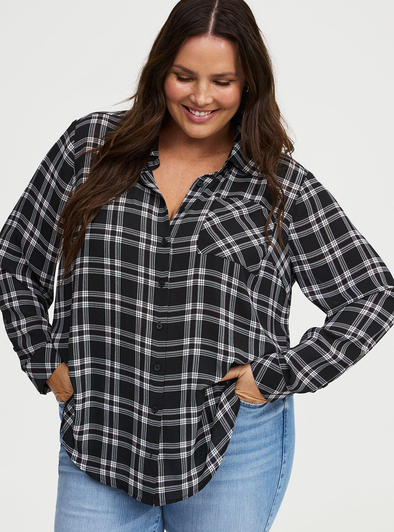 Georgette Oversized Button Down Shirt, EXTRA TEXTURE PLAID BLACK, alternate