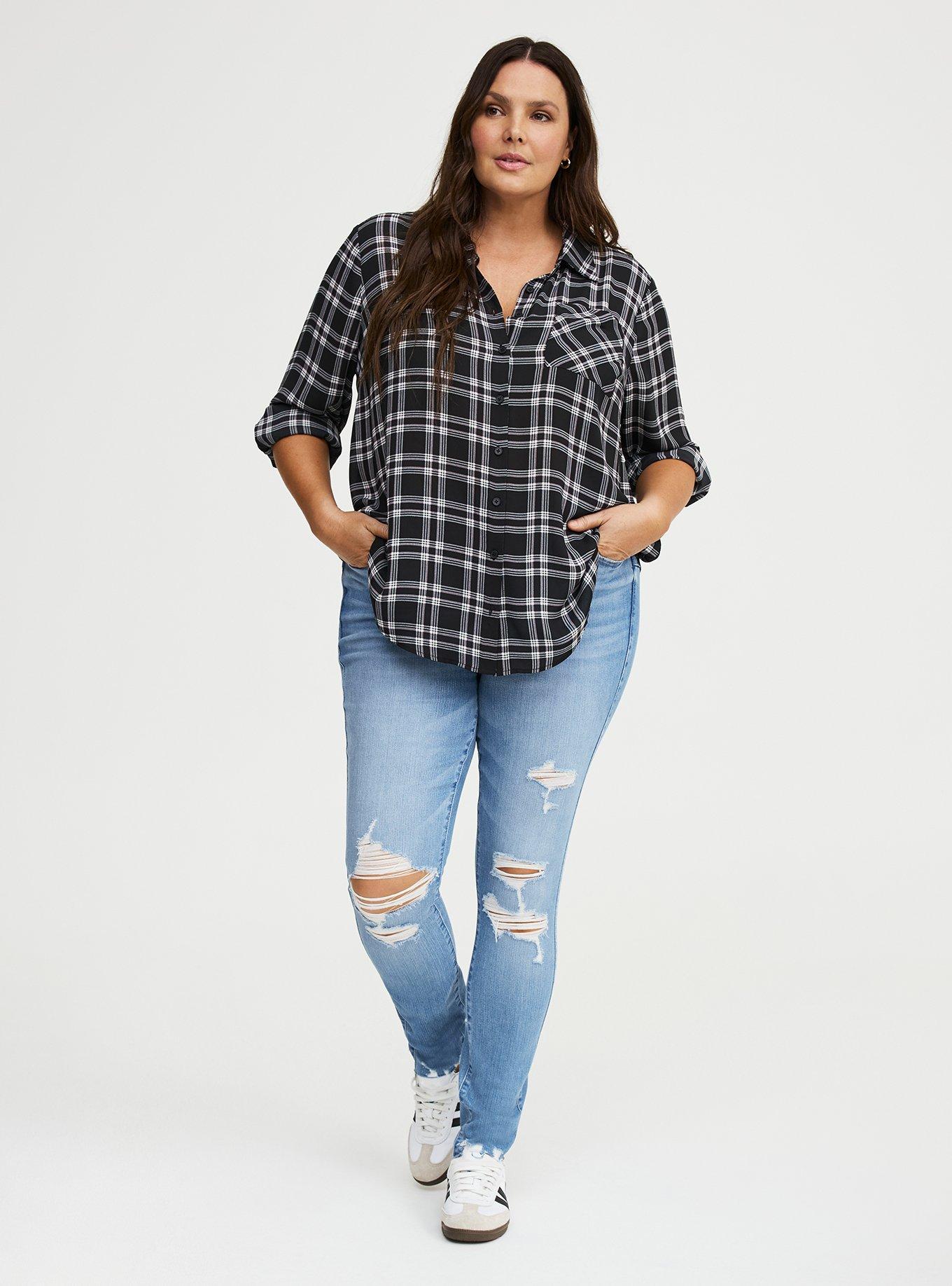 Georgette Oversized Button Down Shirt, EXTRA TEXTURE PLAID BLACK, alternate