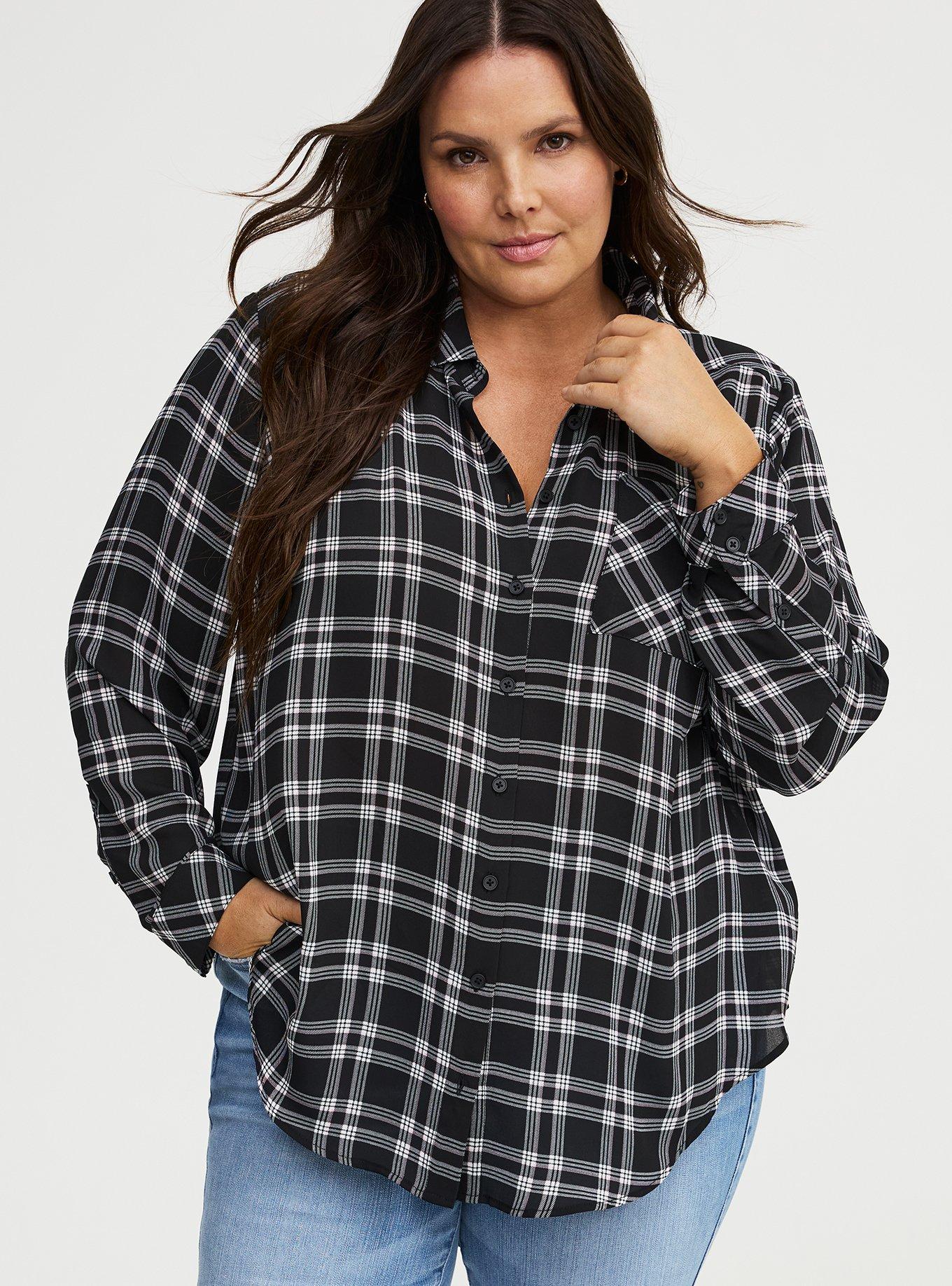 Plus Size Georgette Oversized Button Down Shirt, EXTRA TEXTURE PLAID BLACK, hi-res
